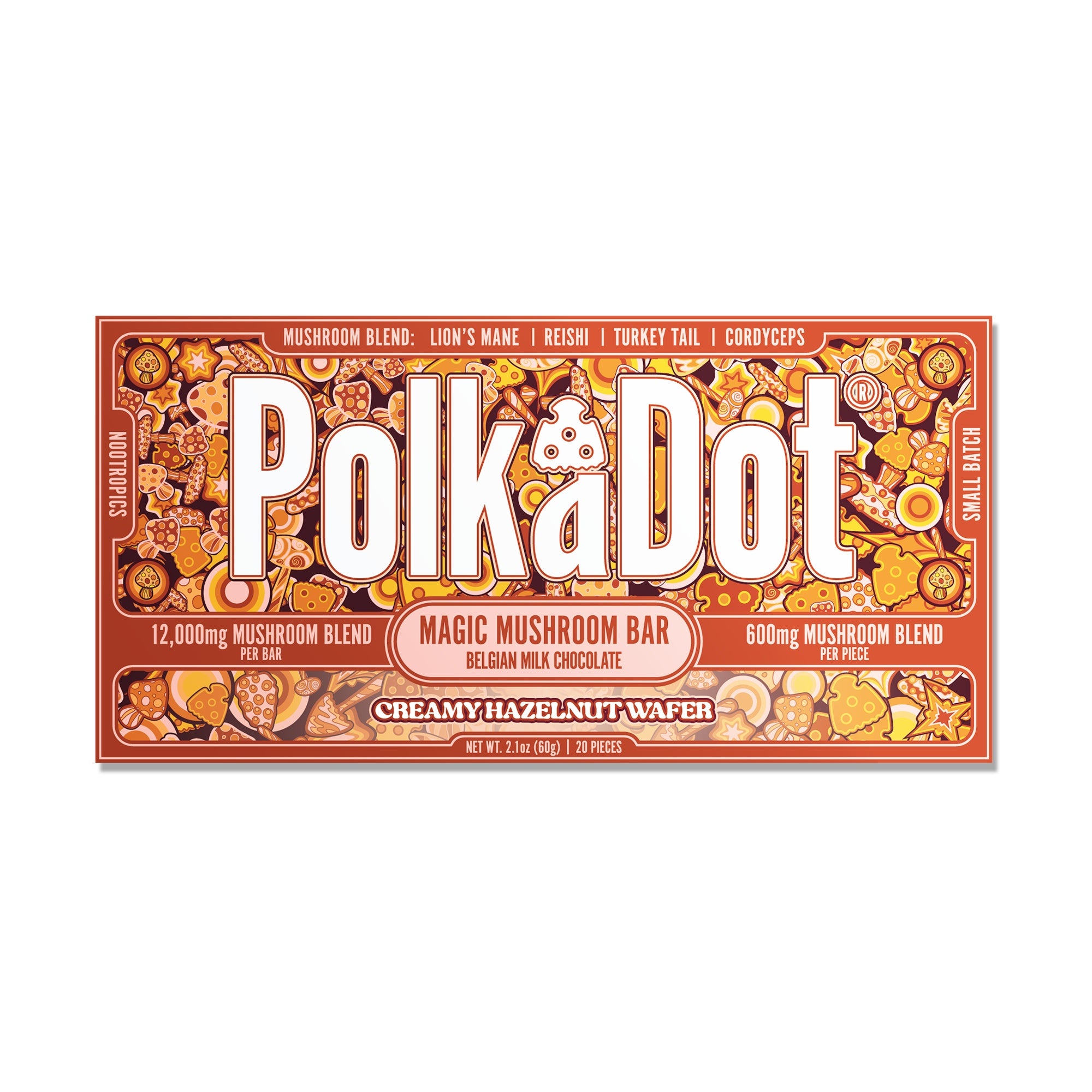 PolkaDot Creamy Hazelnut Wafer mushroom chocolate bar with Belgian milk chocolate, 12g mushroom blend, and hazelnut wafer-inspired packaging on a white background