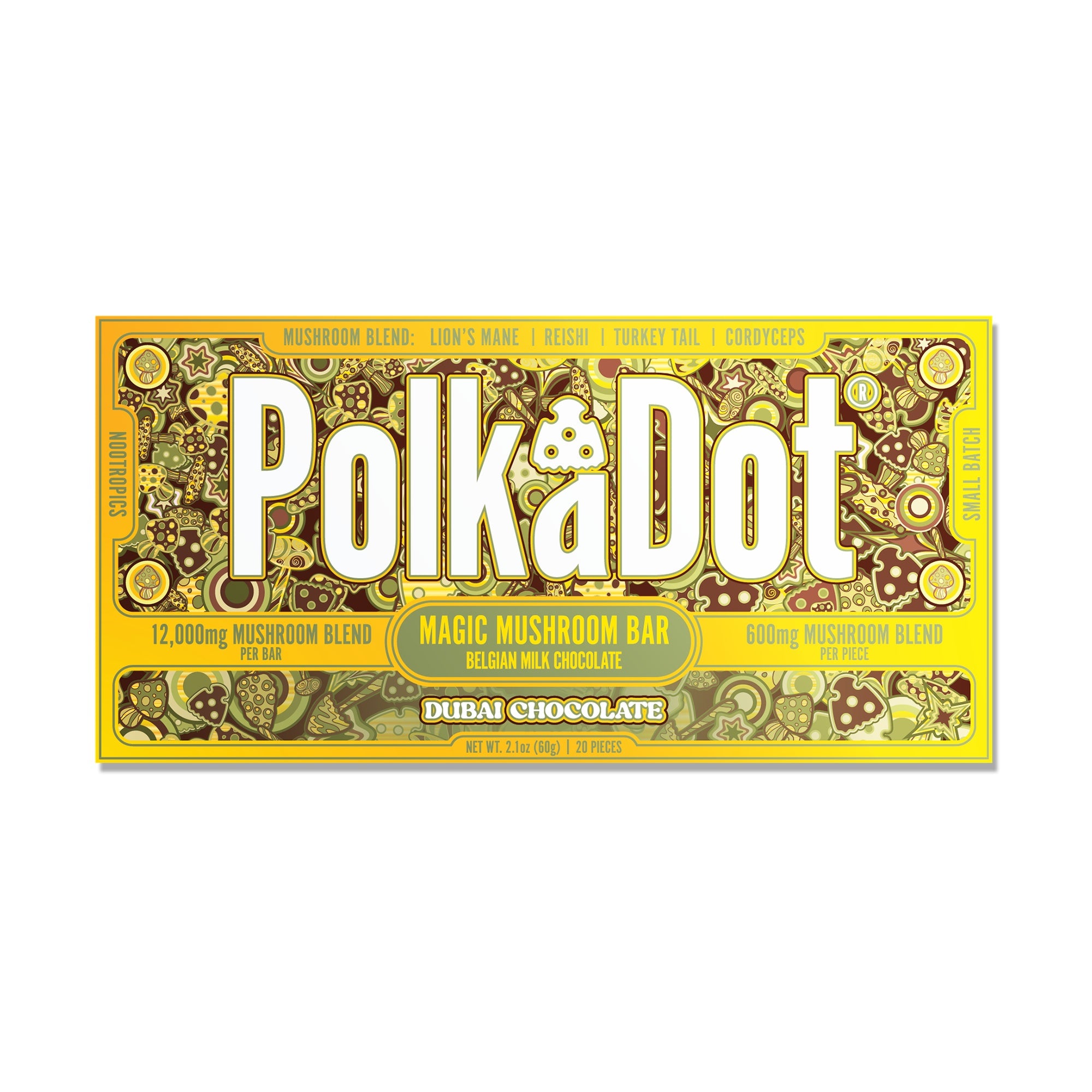 PolkaDot Dubai Chocolate mushroom chocolate bar with Belgian milk chocolate, 12g mushroom blend, and Dubai-inspired chocolate packaging on a white background