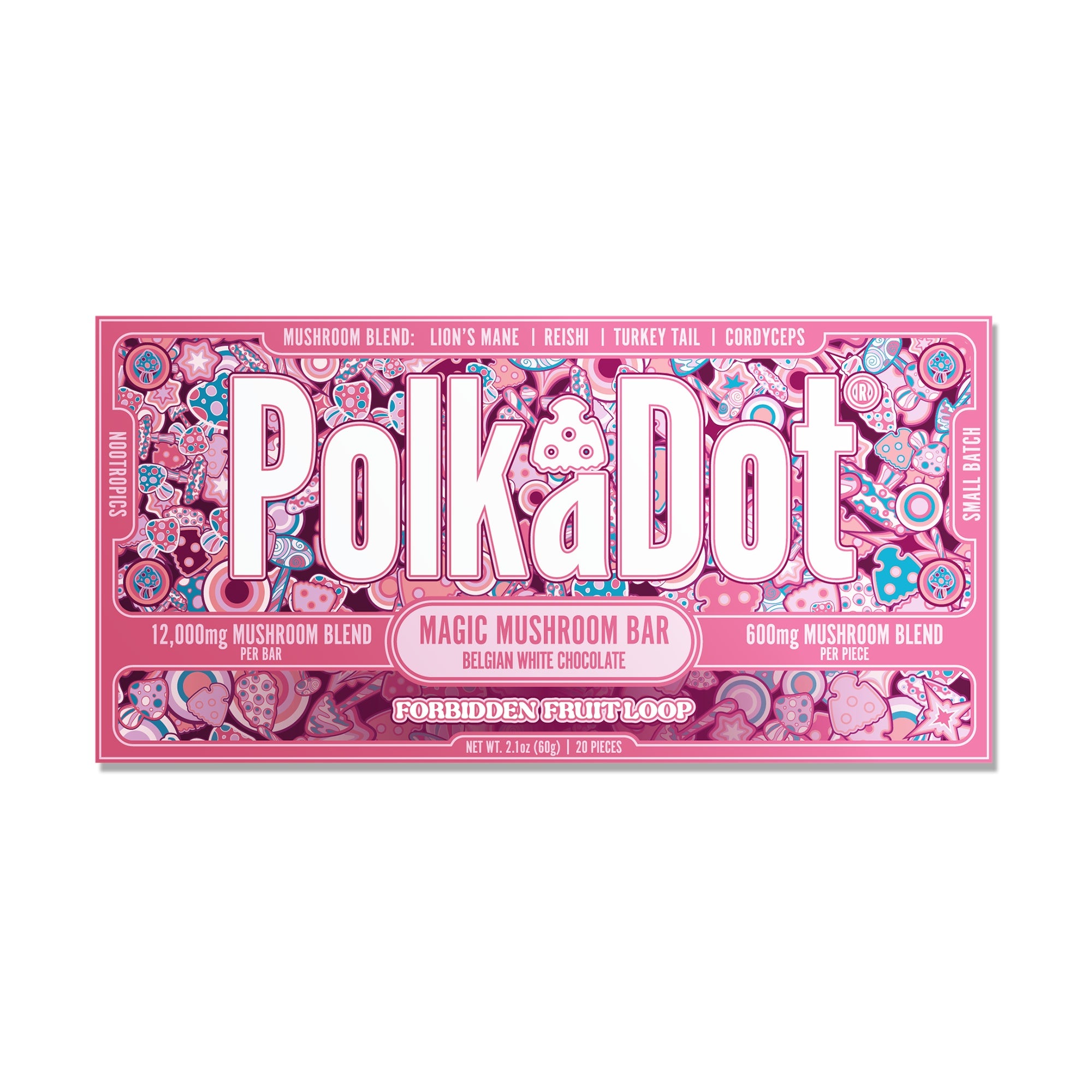 PolkaDot Forbidden Fruit Loops mushroom chocolate bar with Belgian white chocolate, 12g mushroom blend, and colorful cereal-inspired packaging on a white background