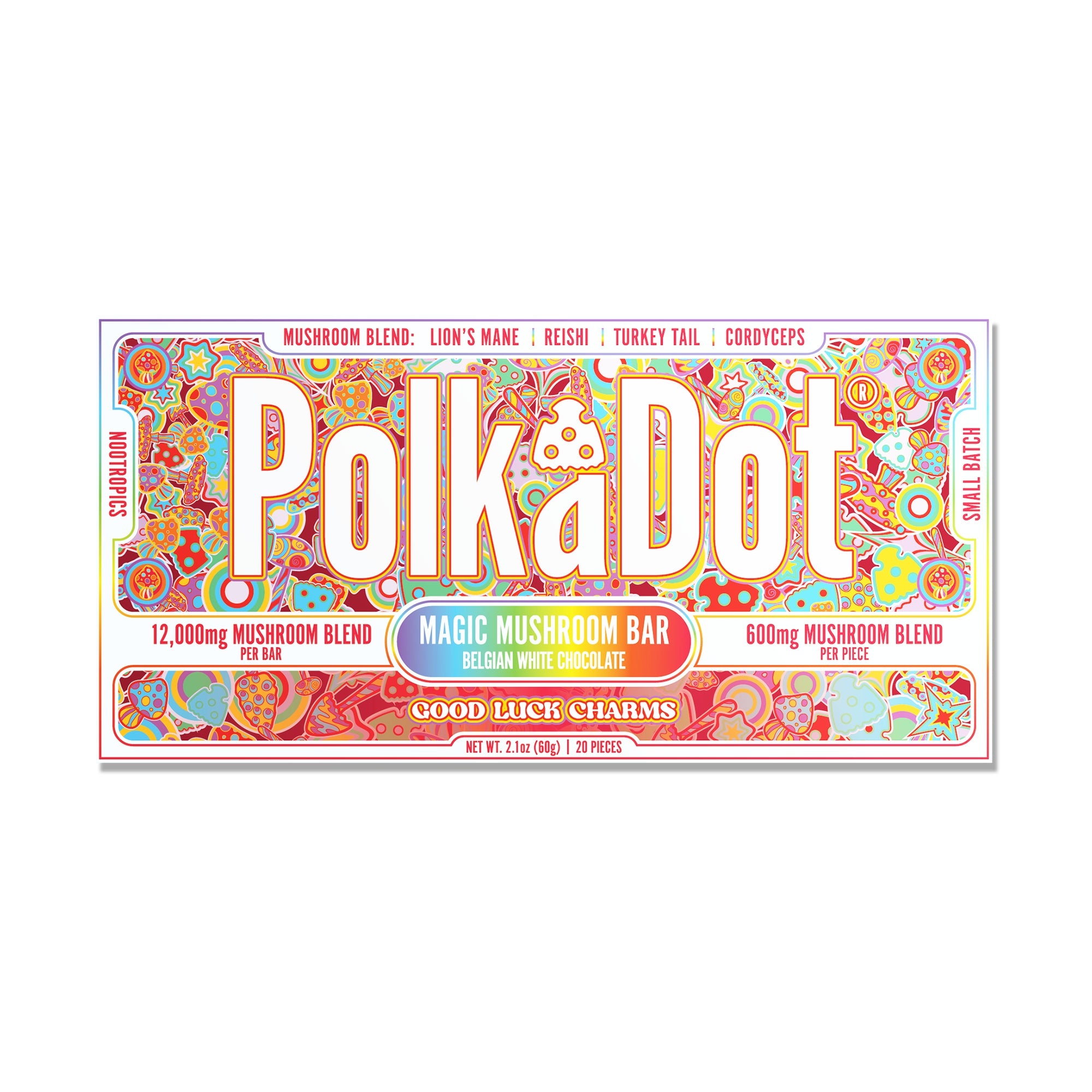 PolkaDot Good Luck Charms mushroom chocolate bar with Belgian white chocolate, 12g mushroom blend, and colorful cereal-inspired packaging on a white background