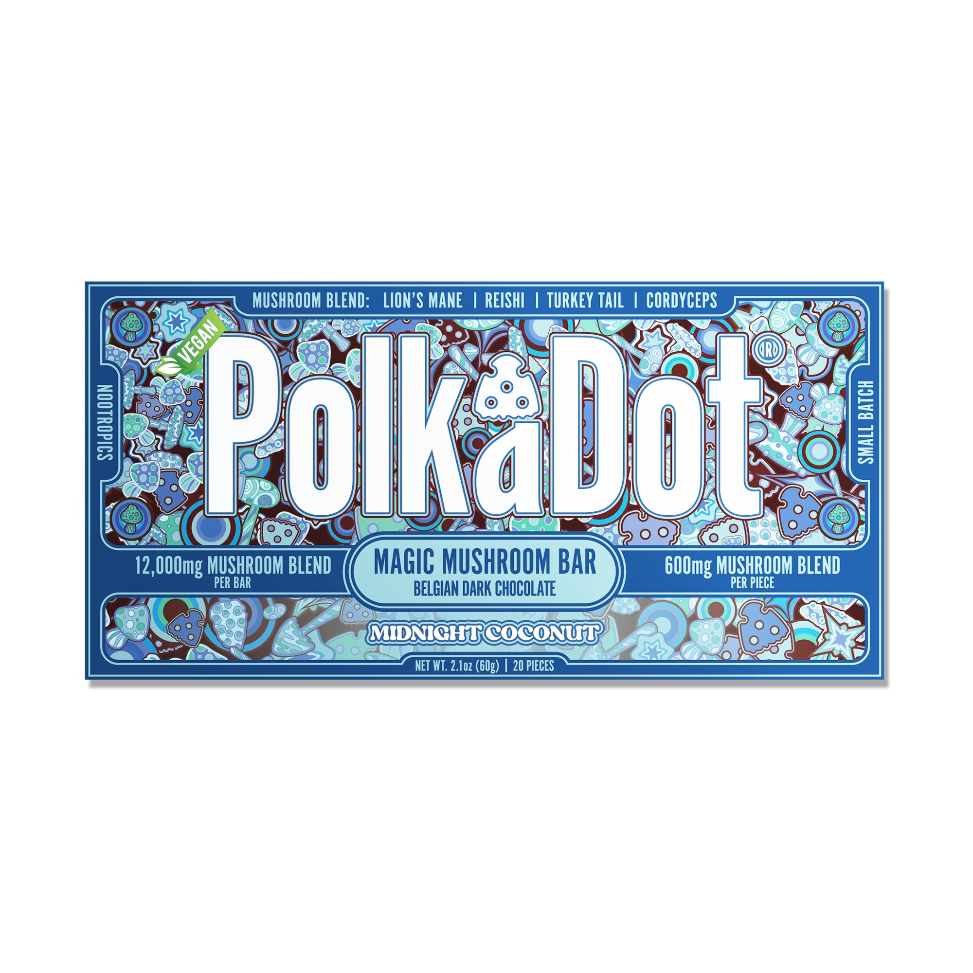 PolkaDot Midnight Coconut mushroom chocolate bar with Belgian dark chocolate, 12g mushroom blend, and coconut-inspired packaging on a white background