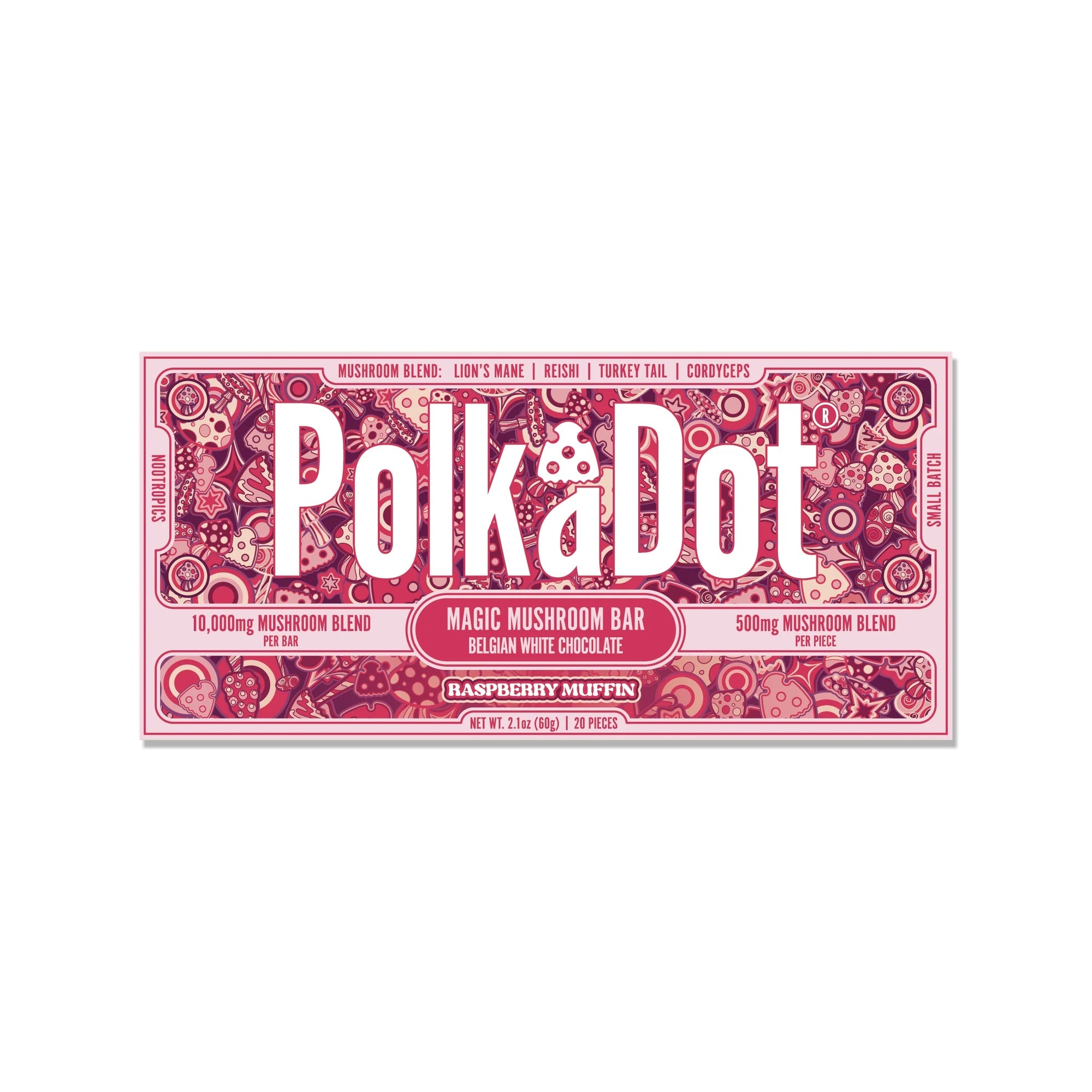 PolkaDot Raspberry Muffin Magic Mushroom Bar featuring Belgian white chocolate and 10g mushroom blend packaging on a white background