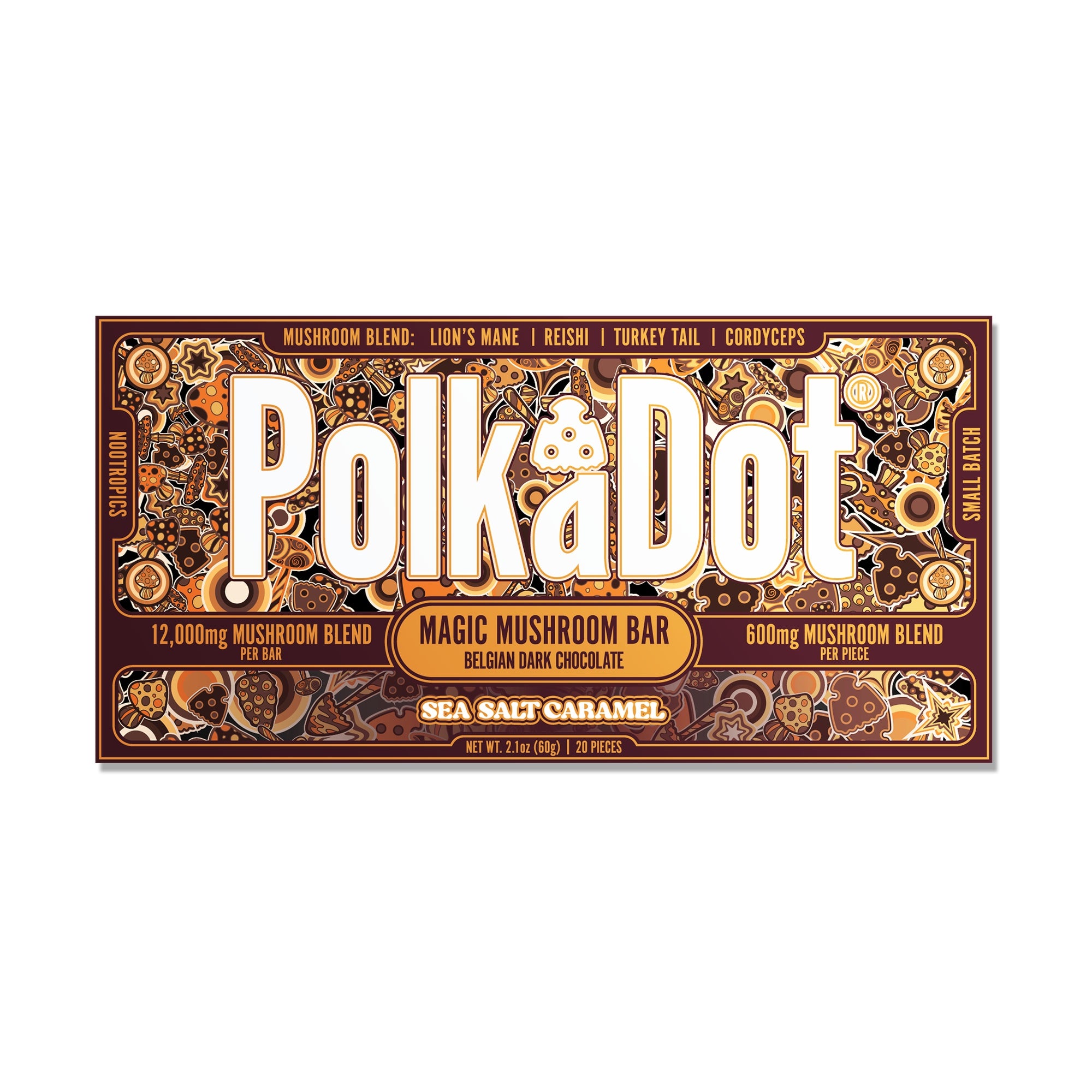 PolkaDot Sea Salt Caramel mushroom chocolate bar with Belgian dark chocolate, 12g mushroom blend, and caramel-inspired packaging on a white background