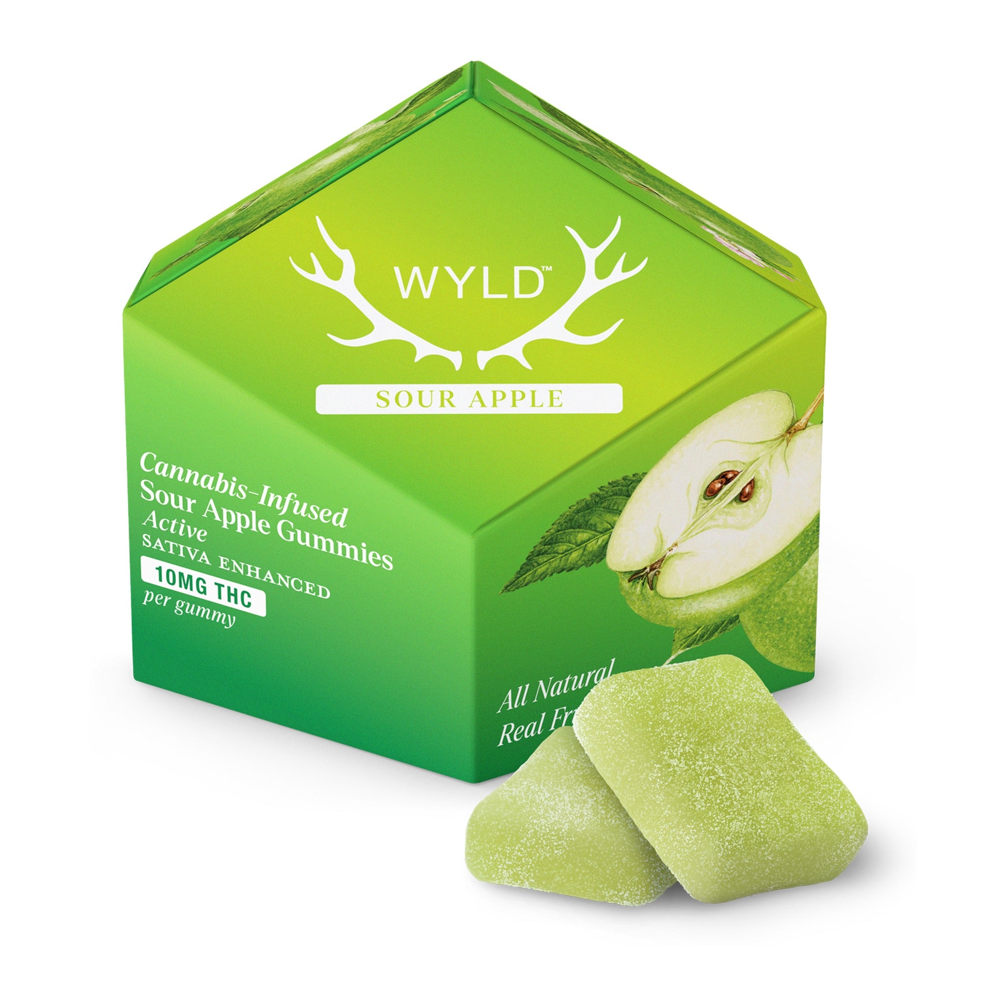 Wyld Hemp Delta 9 THC Gummies Sour Apple 10-count box with gummies on a white background.