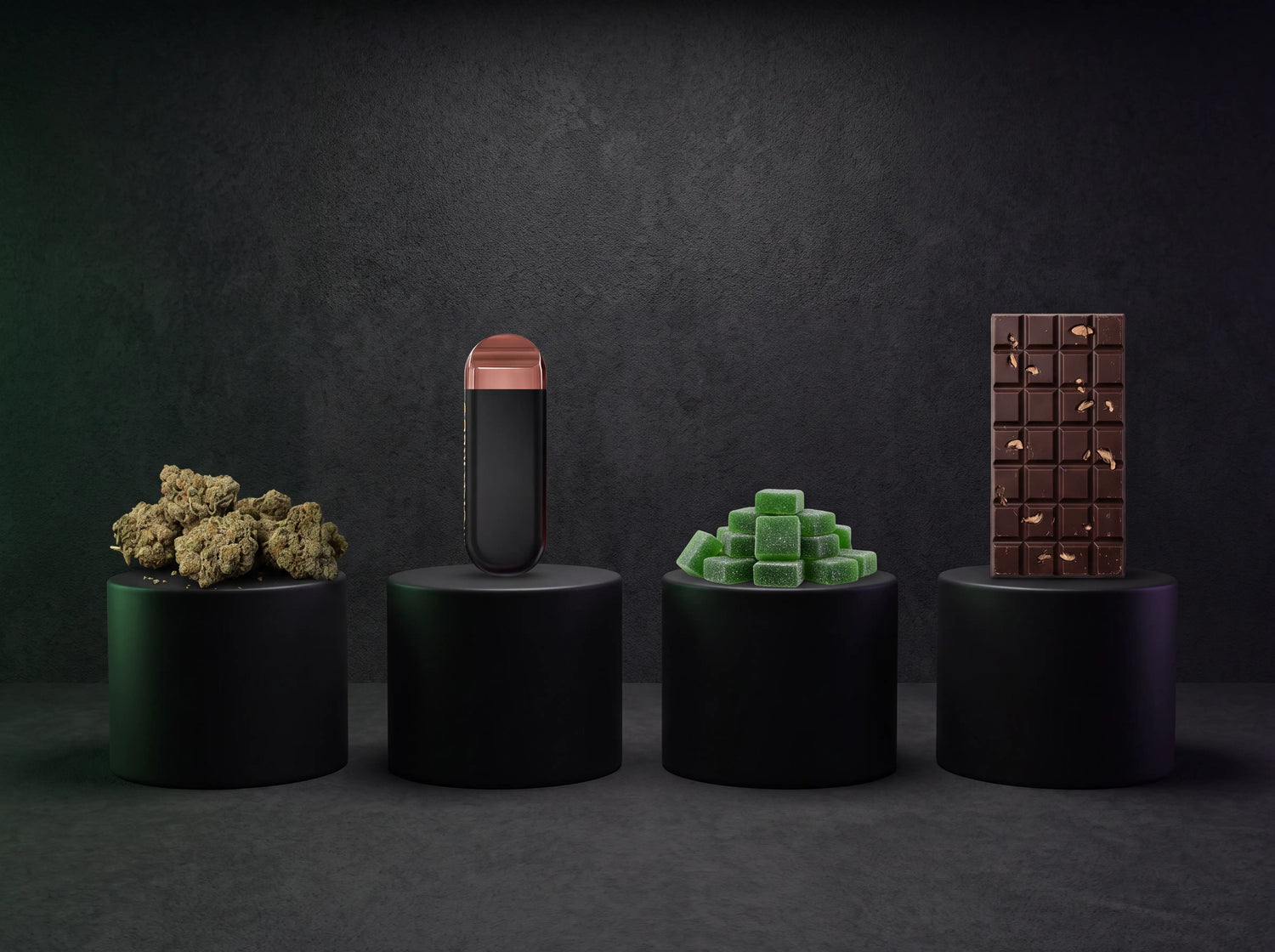 Premium indoor flower, disposable vape, gummies, and mushroom products displayed side by side for comparison