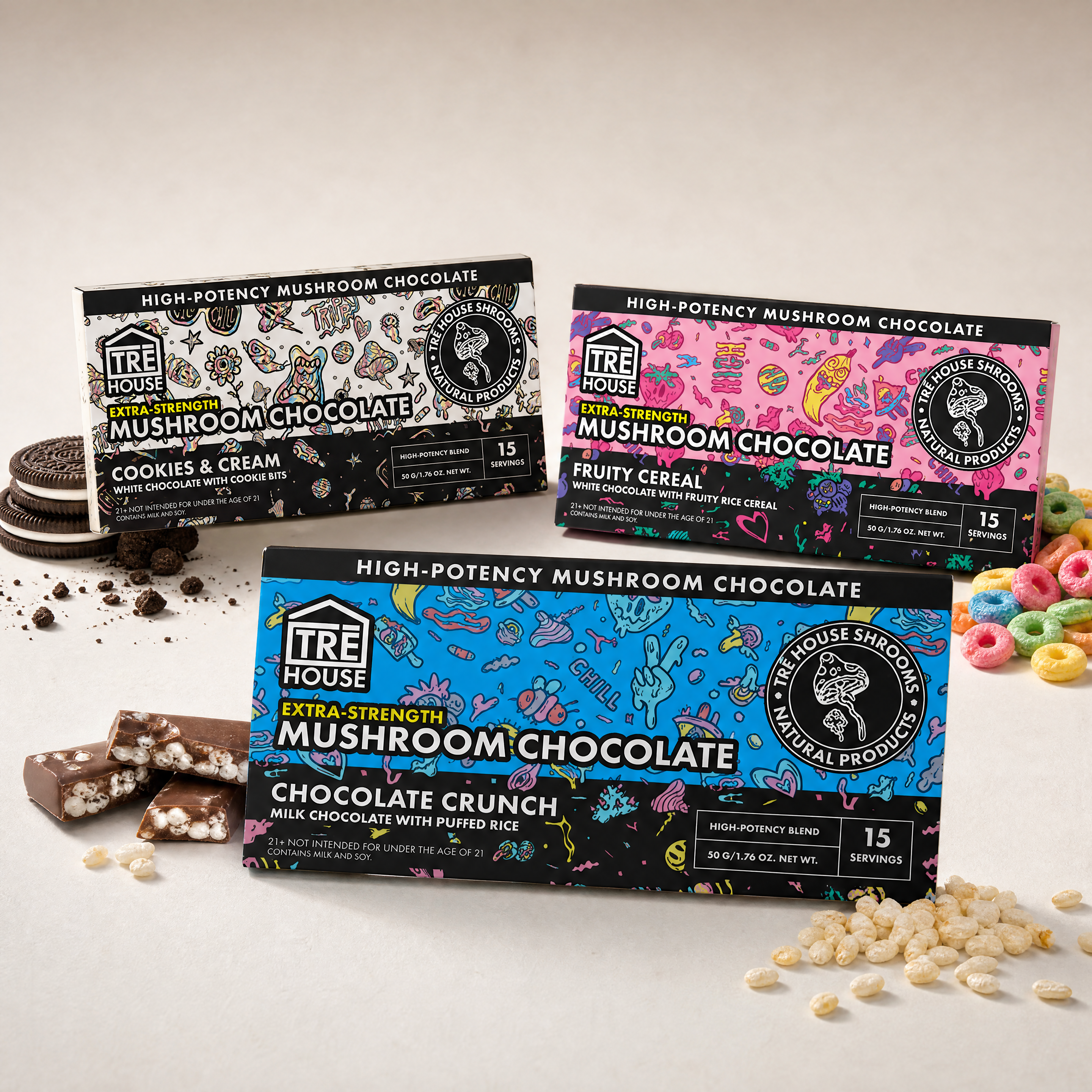 Tre House mushroom chocolate collection featuring Fruity Cereal, Cookies and Cream, and Chocolate Crunch mushroom chocolate bars displayed together in premium packaging