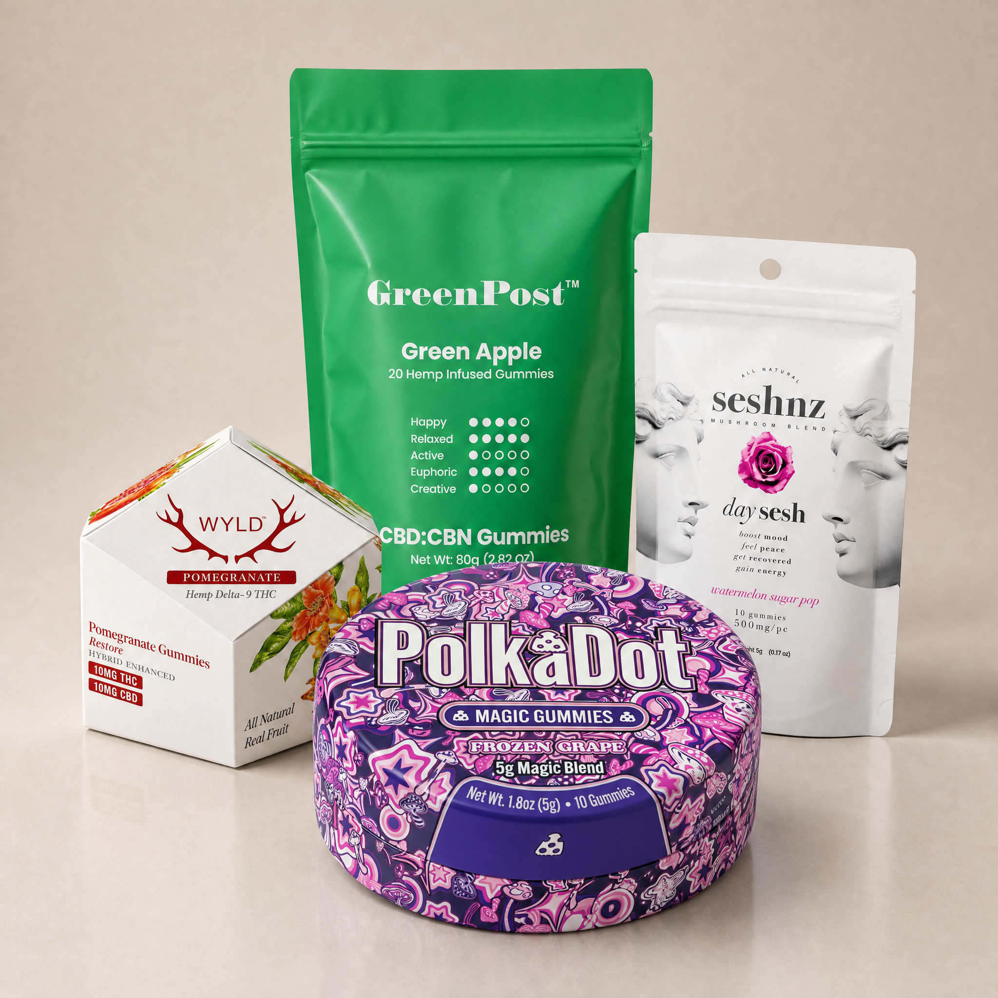Collection of THC gummies, CBD gummies, Delta 9 gummies, mushroom gummies, and hemp-derived edible products from GreenPost, Wyld, Cookies, PolkaDot, Seshnz, and Magic Doze