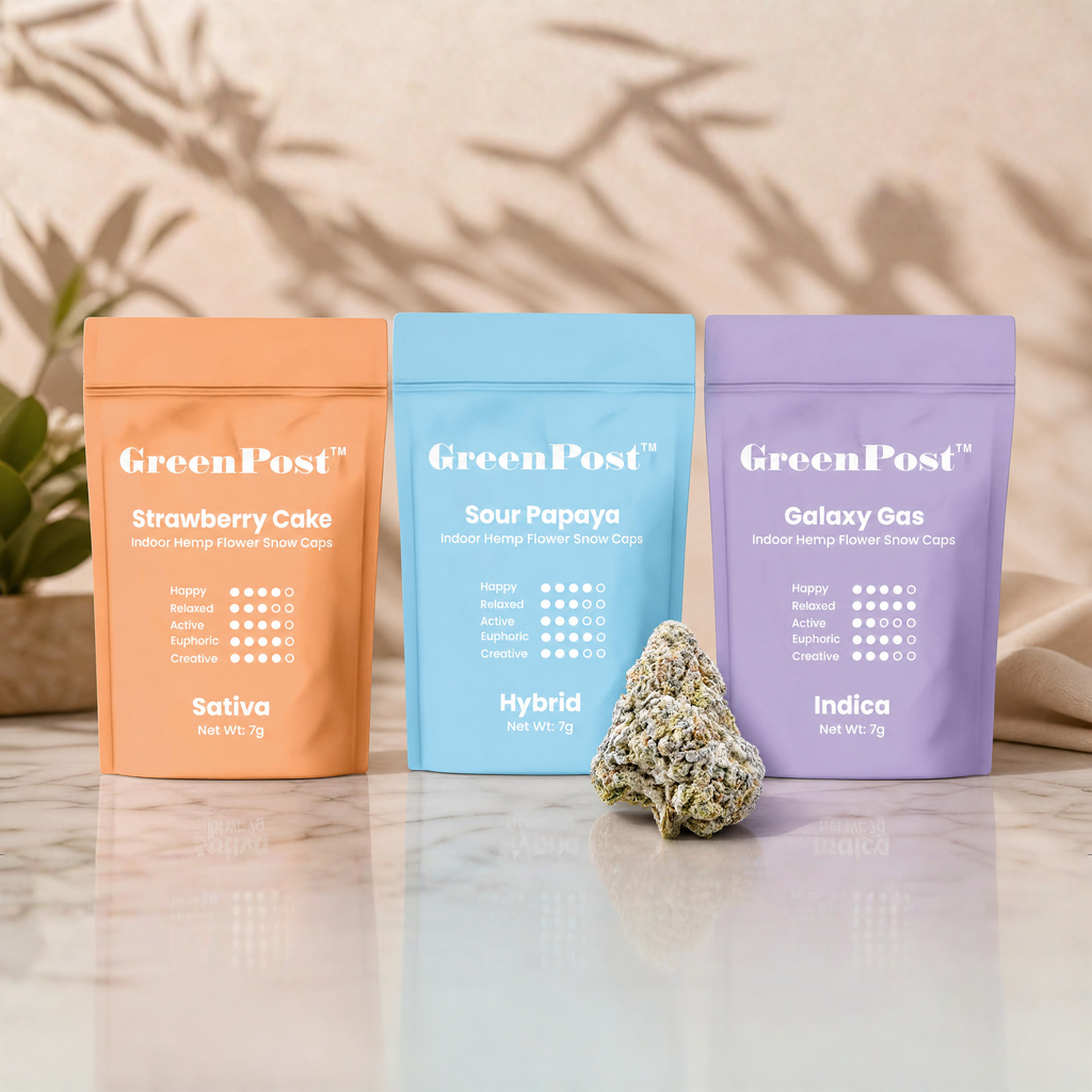 GreenPost THCA Snow Caps collection featuring Galaxy Gas, Sour Papaya, and Strawberry Cake crystal coated THCA flower strains.