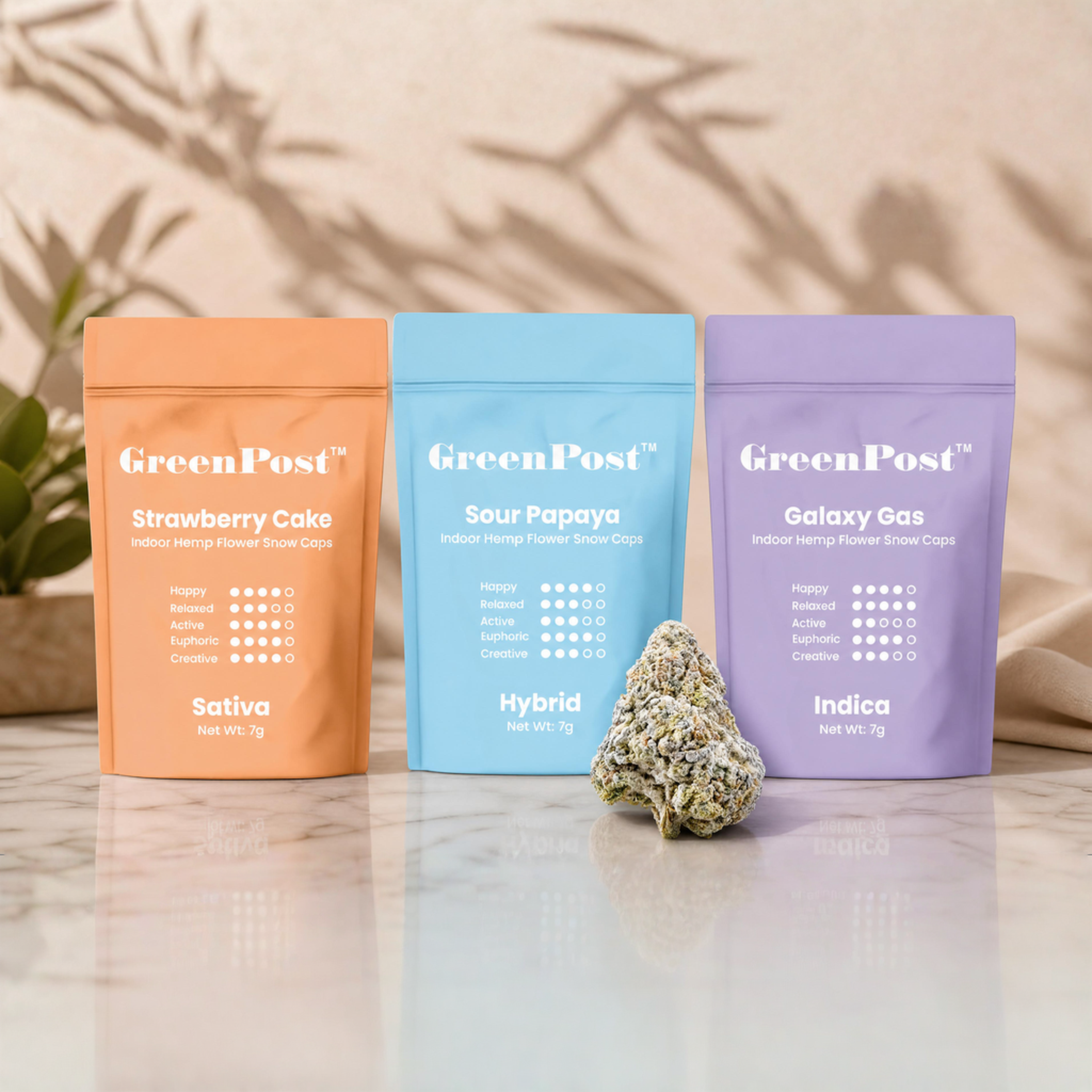 GreenPost THCA Snow Caps collection featuring Galaxy Gas, Sour Papaya, and Strawberry Cake crystal coated THCA flower strains.