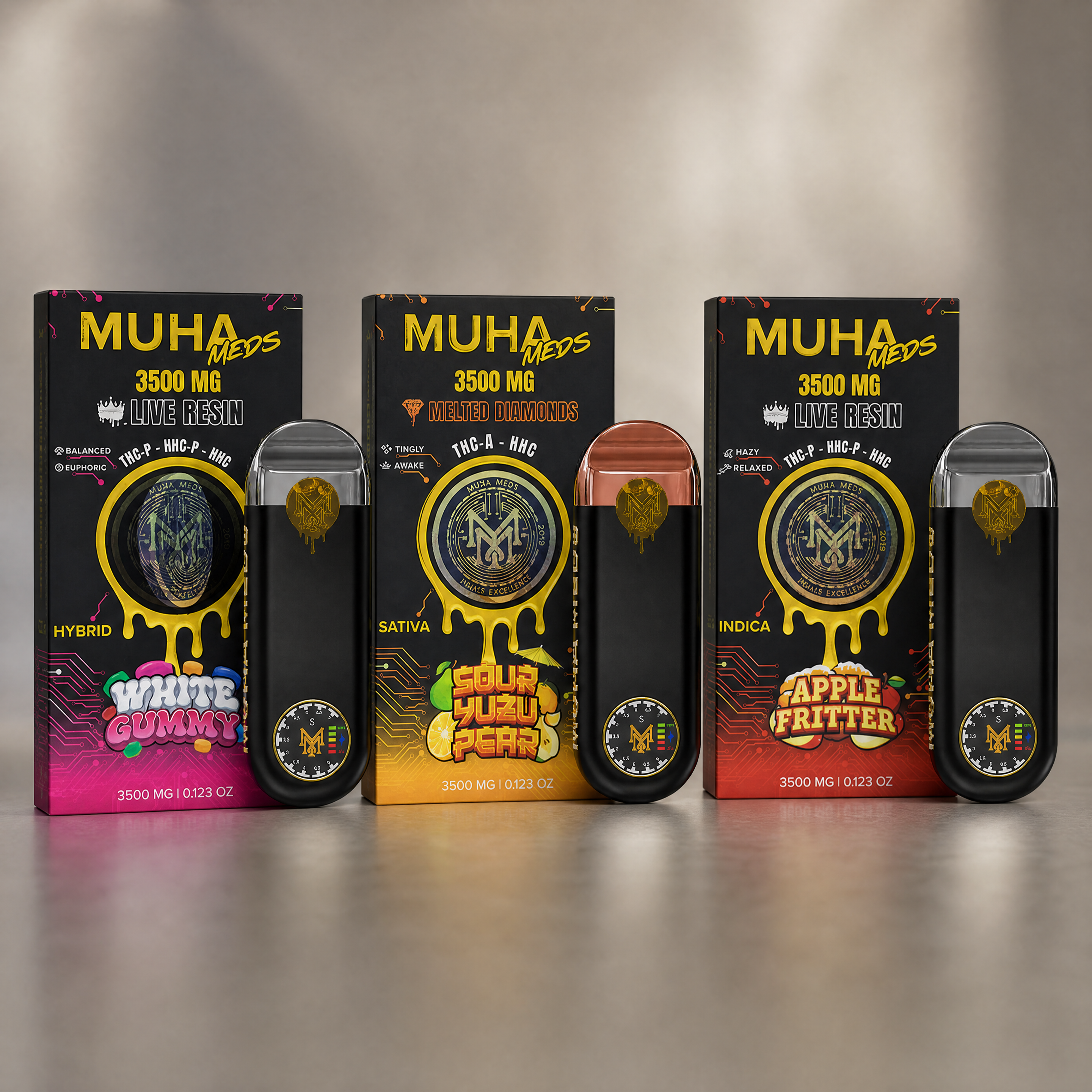 Muha Meds 3500mg live resin disposable vape collection featuring White Gummy, Sour Yuzu Pear, and Apple Fritter strains with premium hemp-derived cannabinoids