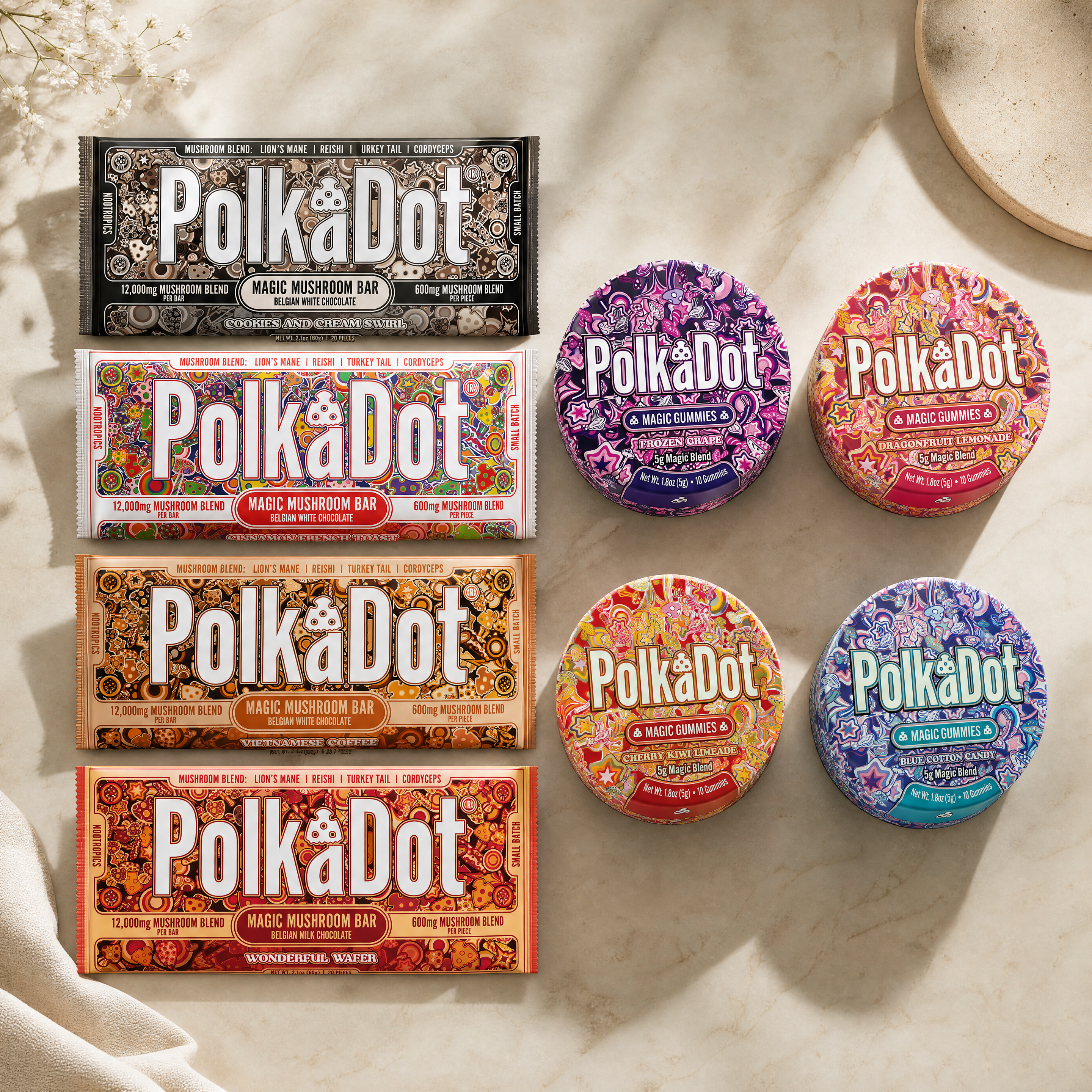 PolkaDot mushroom chocolate bars and 5g mushroom gummies collection featuring assorted flavors and premium mushroom edible products
