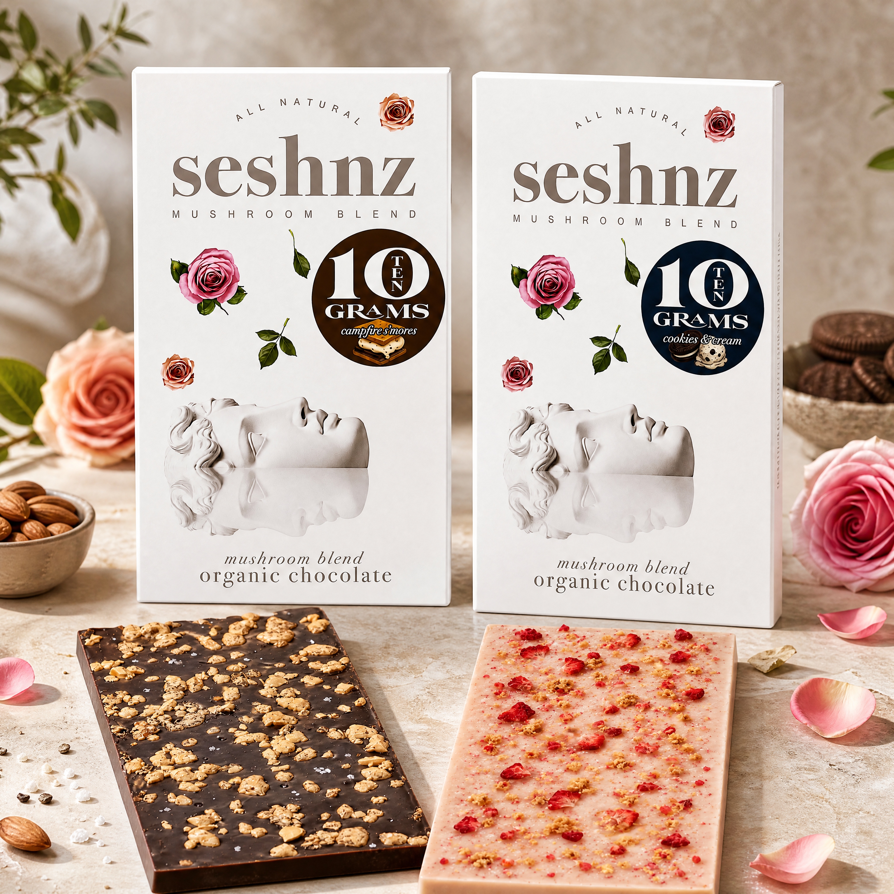 Seshnz mushroom chocolate collection featuring Cookies & Dream and Campfire S'mores 10g mushroom blend chocolate bars displayed alongside premium chocolate pieces in an elegant lifestyle setting
