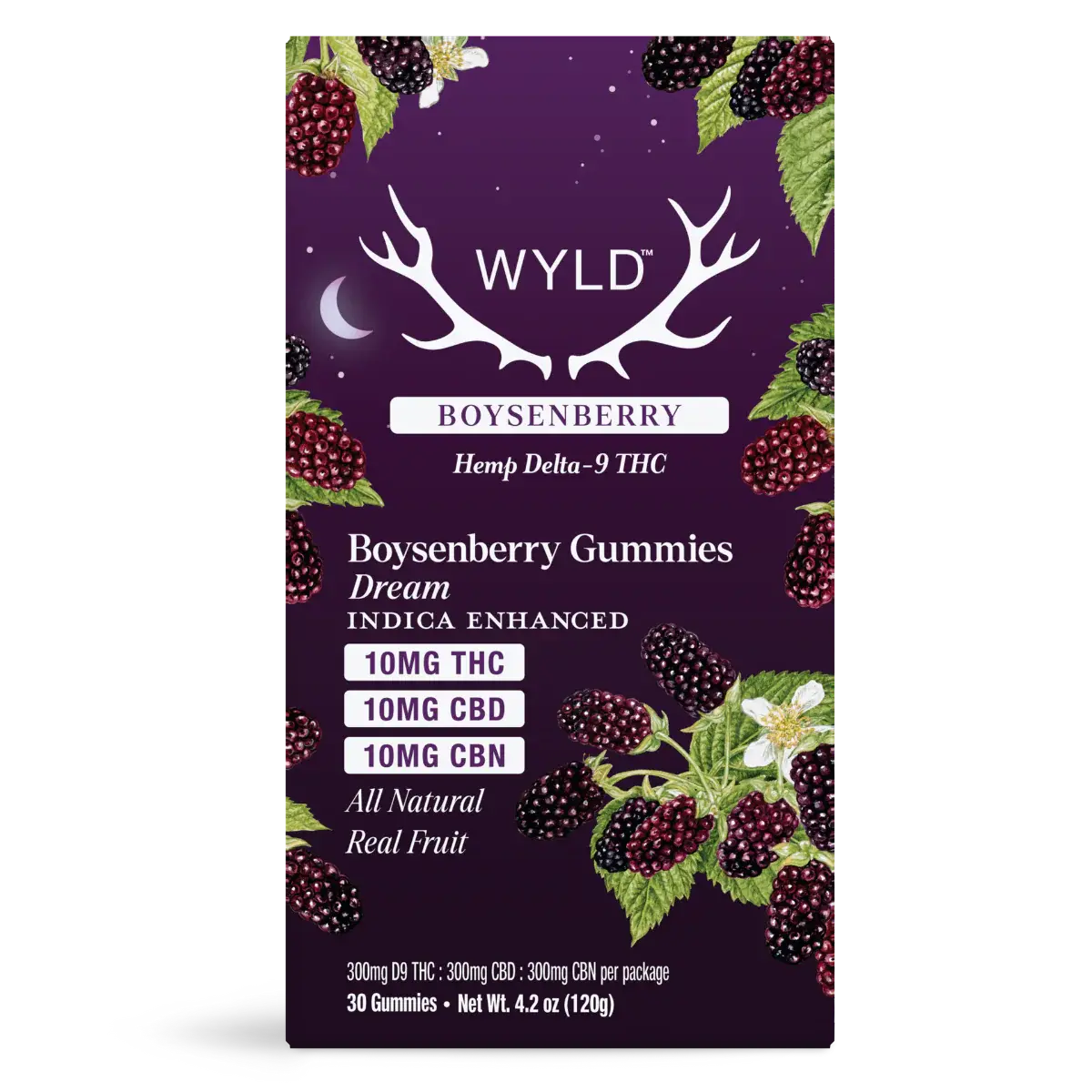 Wyld Boysenberry hemp Delta 9 THC CBD and CBN gummies pouch featuring real fruit boysenberry flavor, indica enhanced dream formula, and premium botanical edible packaging design