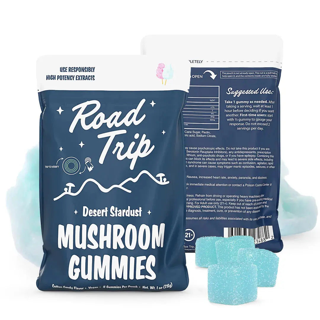 Road Trip Desert Stardust mushroom gummies Cotton Candy flavor pouch with blue cotton candy gummy candies, carnival inspired sweetness, psychedelic inspired mushroom edible packaging, and premium fruit flavored gummy display