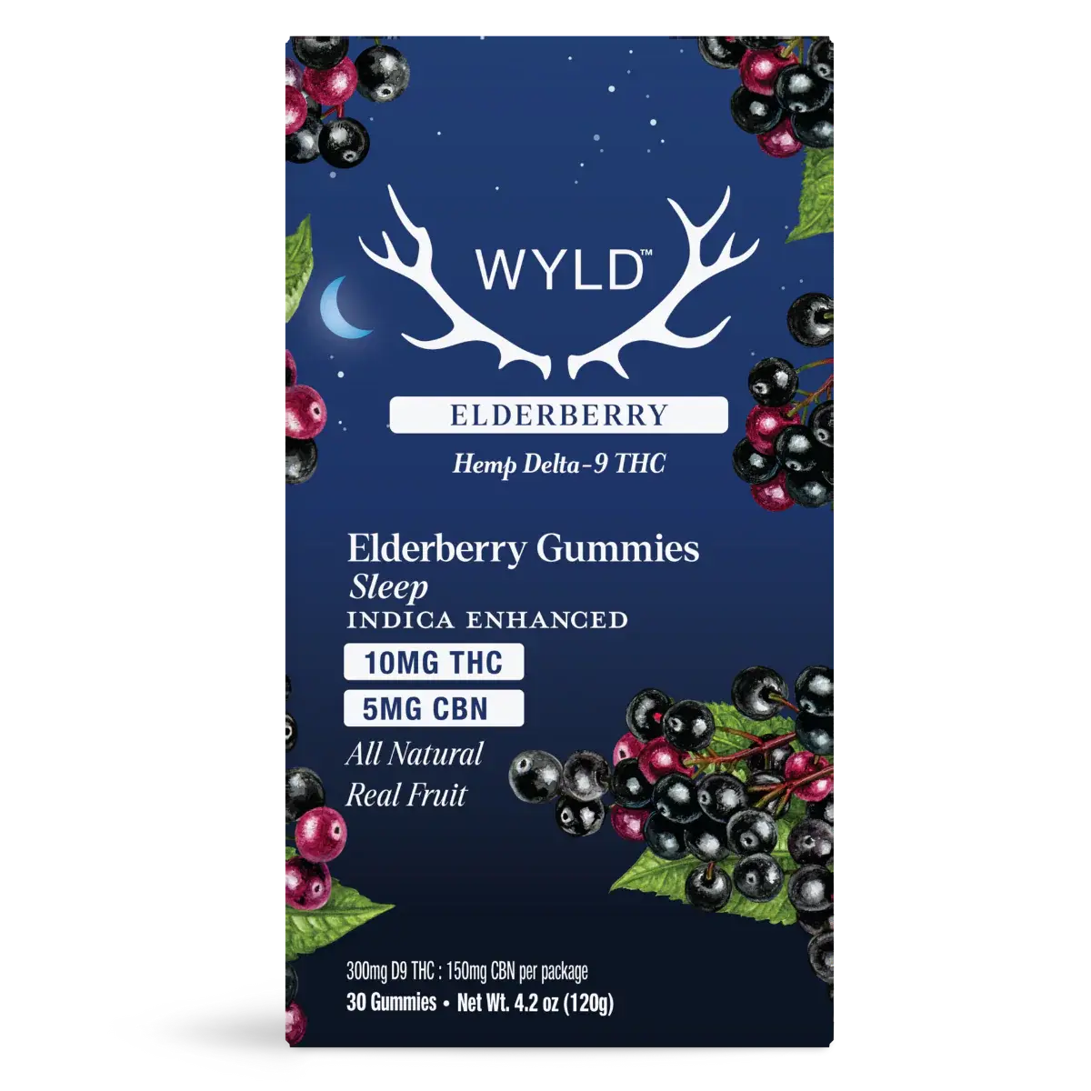 Wyld Elderberry hemp Delta 9 THC and CBN gummies pouch featuring real fruit elderberry flavor, indica enhanced sleep formula, and premium botanical edible packaging design