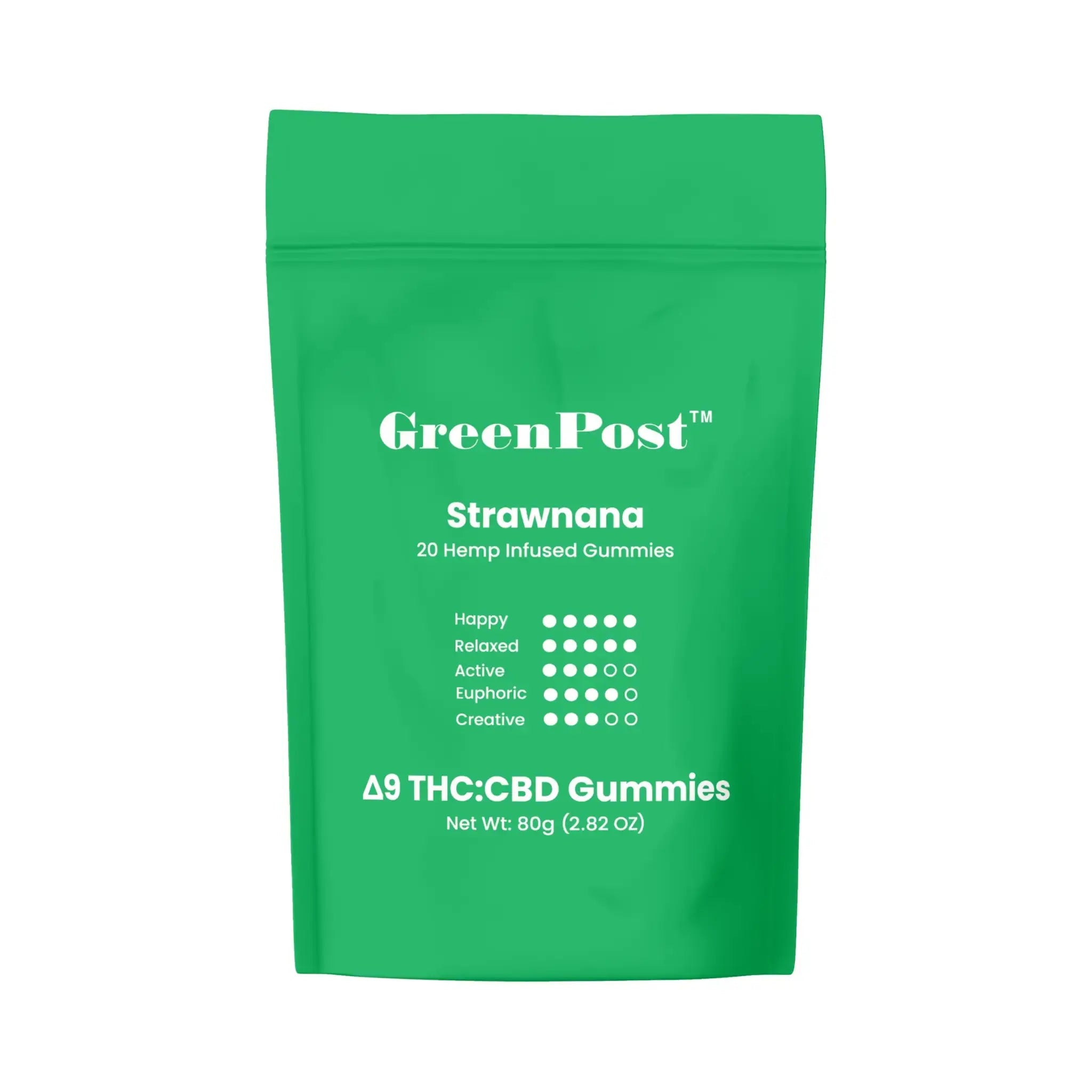 GreenPost Strawnana Delta 9 THC CBD hemp gummies pouch with strawberry banana flavor, infused hemp edible gummies, and premium green packaging product display on white background