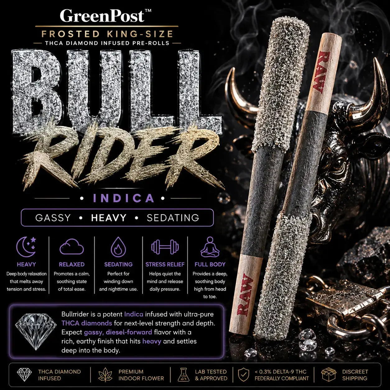GreenPost Frosted Bullrider THCA Diamond Infused King-Size Pre-Rolls Indica promotional product graphic featuring diamond coated hemp pre-rolls with dark rodeo bull artwork, bold gassy diesel flavor profile, premium indoor hemp flower and heavy relaxing euphoric nighttime effects.