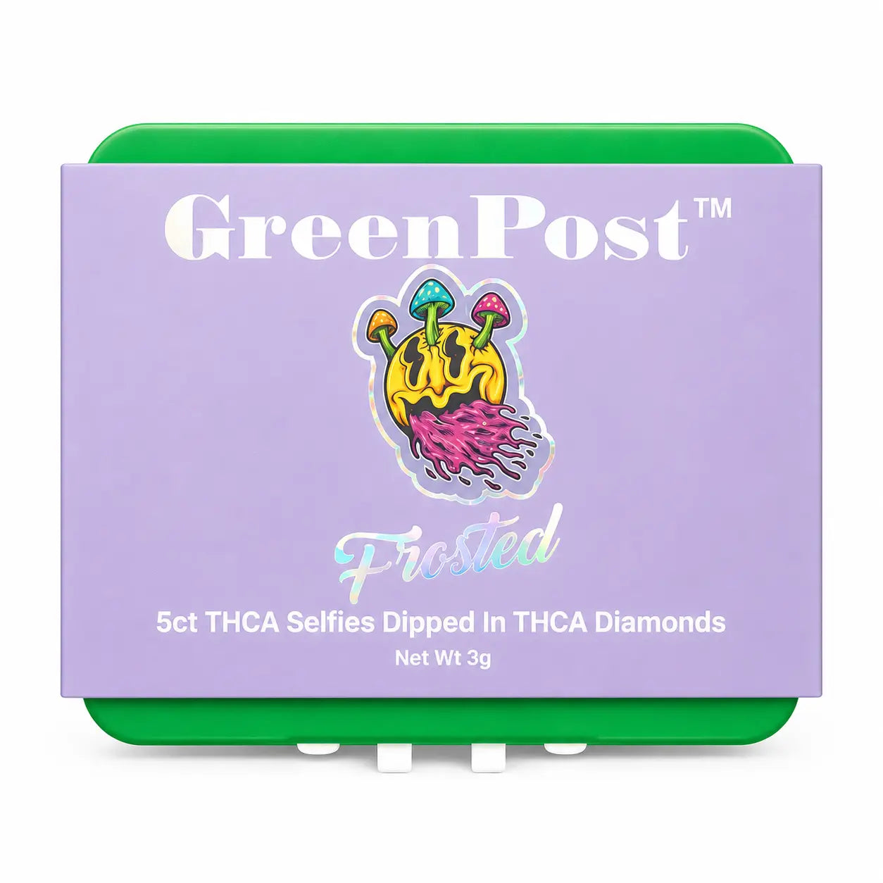 GreenPost Frosted Bullrider THCA Selfies 5ct mini pre-roll tin packaging with rodeo inspired artwork, diamond infused hemp flower mini joints, collectible green travel tin and premium slow burn cannabis alternative smoking experience.