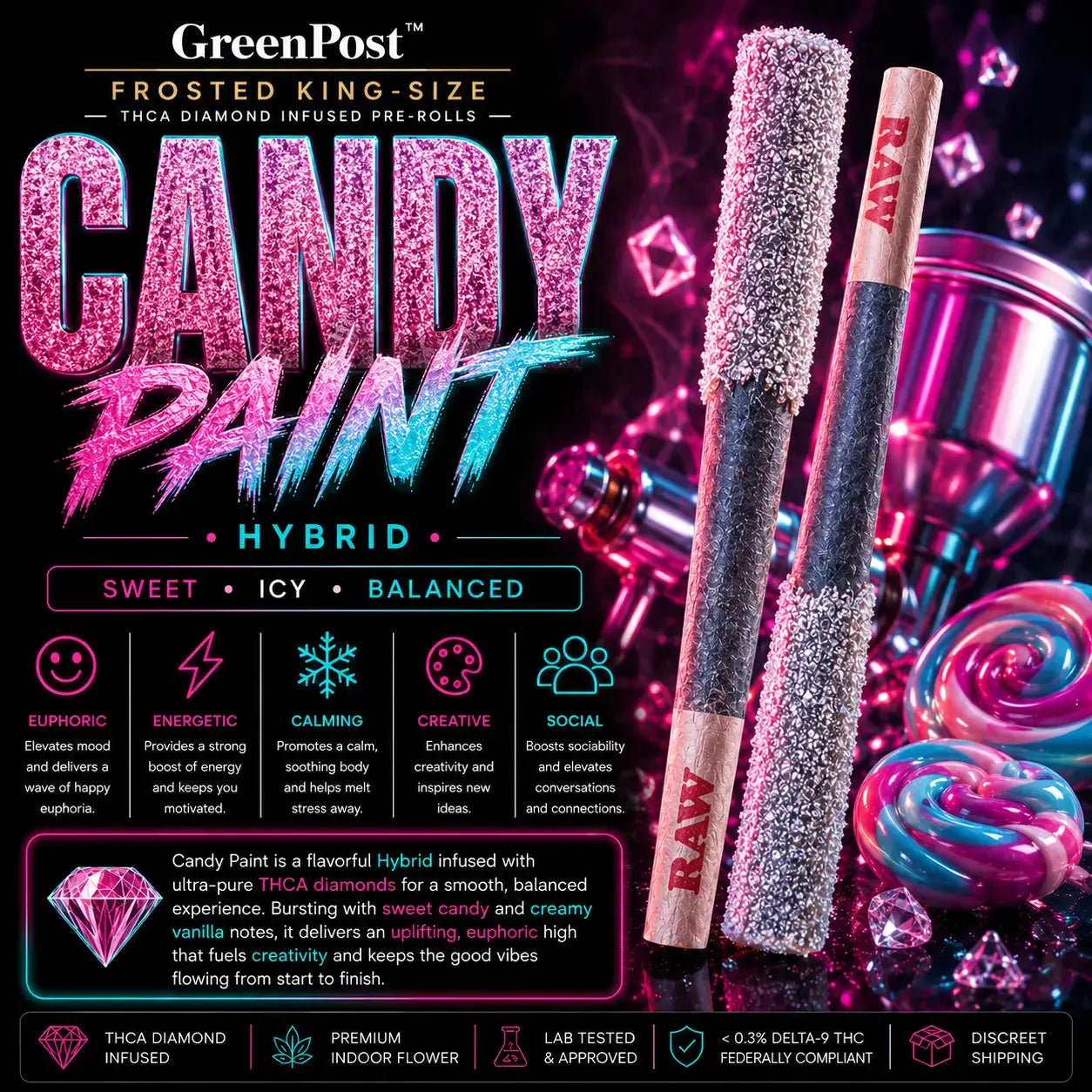 GreenPost Frosted King-Size Candy Paint THCA Diamond Infused Pre-Rolls Hybrid promotional product graphic featuring diamond coated king-size hemp pre-rolls with colorful candy and graffiti inspired artwork, sweet creamy candy flavor profile, premium indoor hemp flower and balanced euphoric uplifting effects.