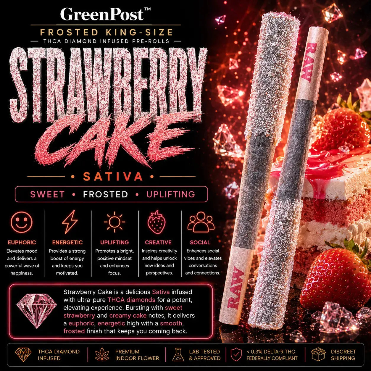 GreenPost Frosted King-Size Strawberry Cake THCA Diamond Infused Pre-Rolls Sativa promotional product graphic featuring diamond coated king-size hemp pre-rolls with strawberry cake dessert artwork, sweet creamy berry flavor profile, premium indoor hemp flower and uplifting energetic euphoric effects.