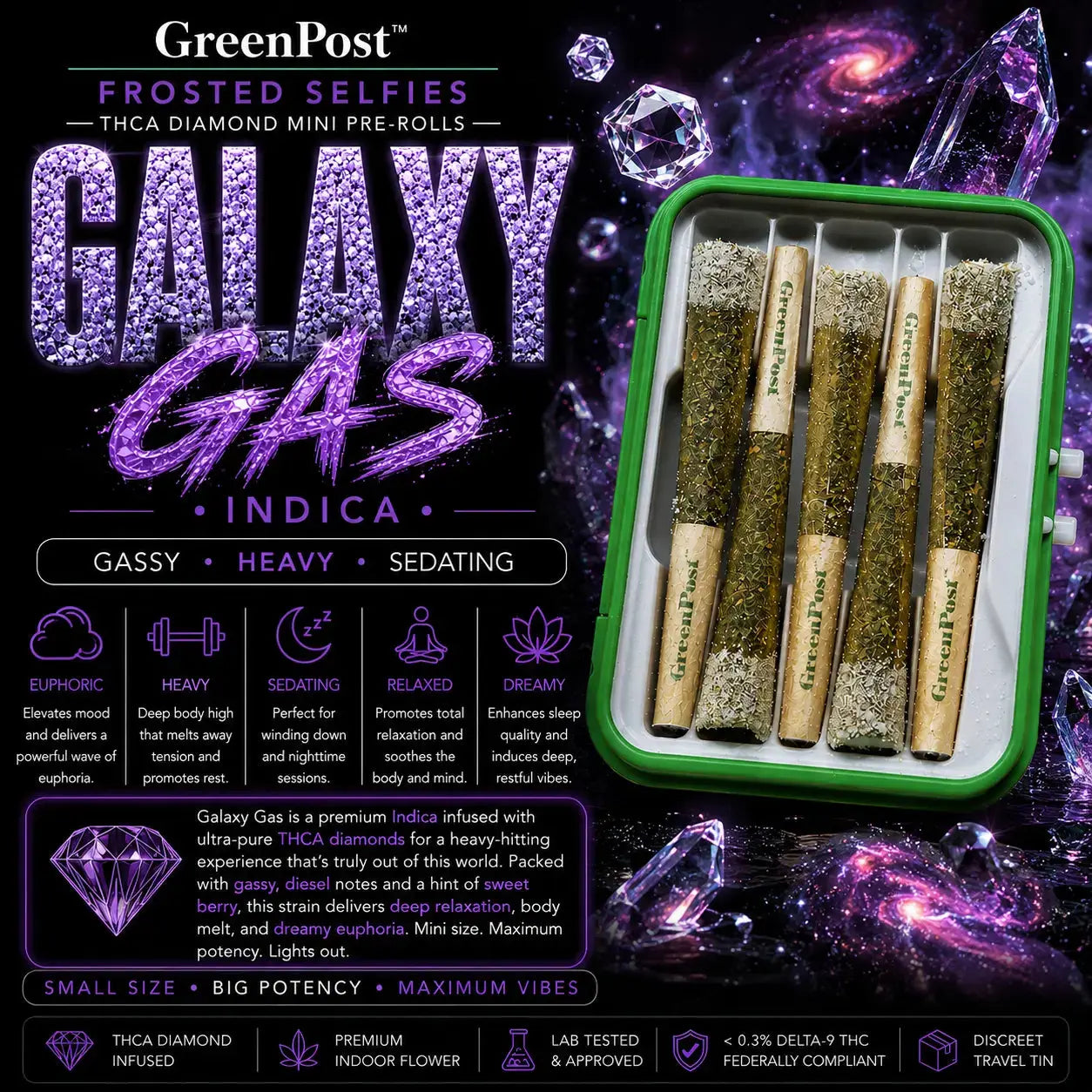 GreenPost Galaxy Gas Frosted Selfies THCA Diamond Mini Pre-Rolls Indica promotional product graphic featuring diamond infused mini pre-rolls in collectible travel tin with purple galaxy crystal artwork, gassy flavor profile and relaxing euphoric nighttime effects.