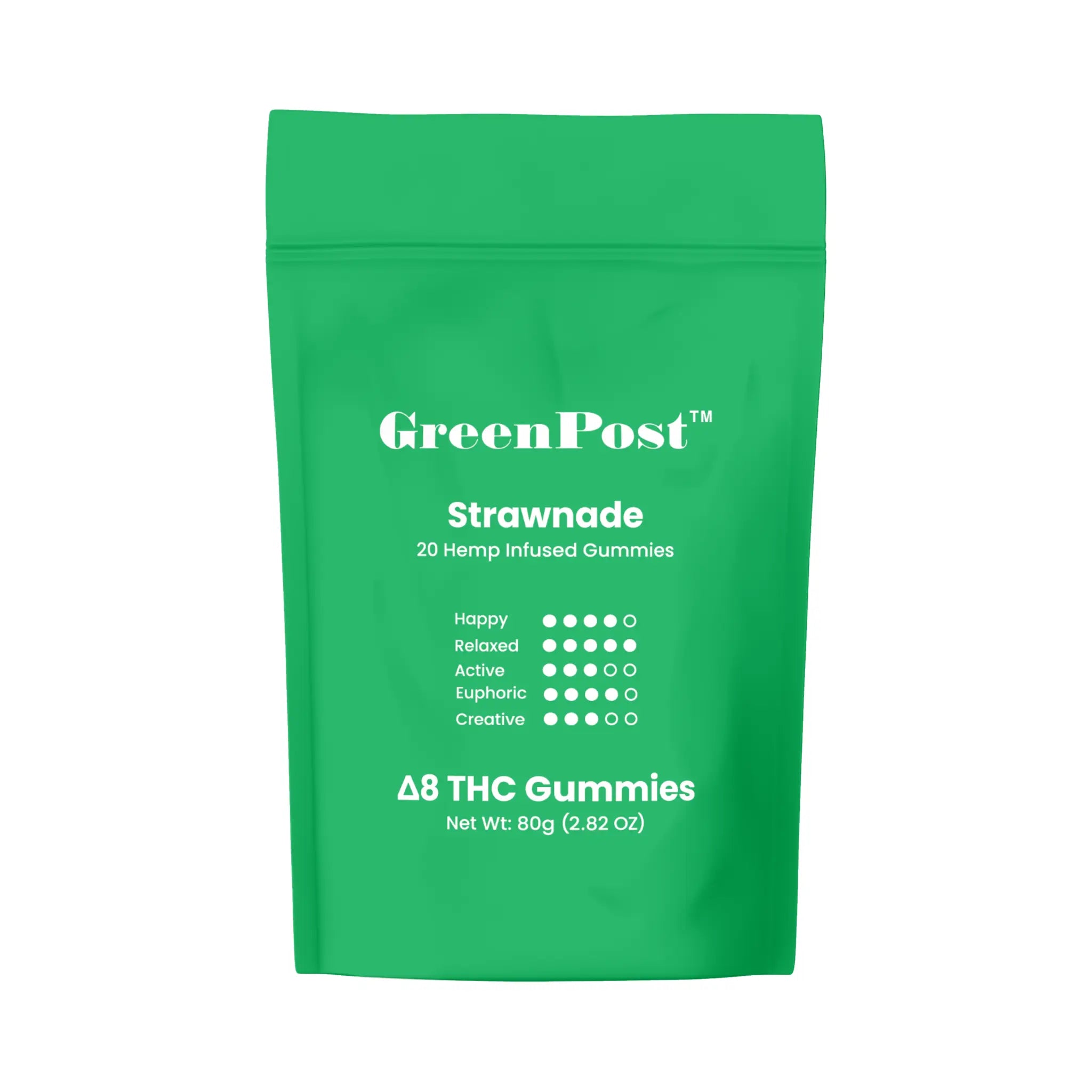 GreenPost Strawnade Delta 8 THC Gummies packaging on a white background