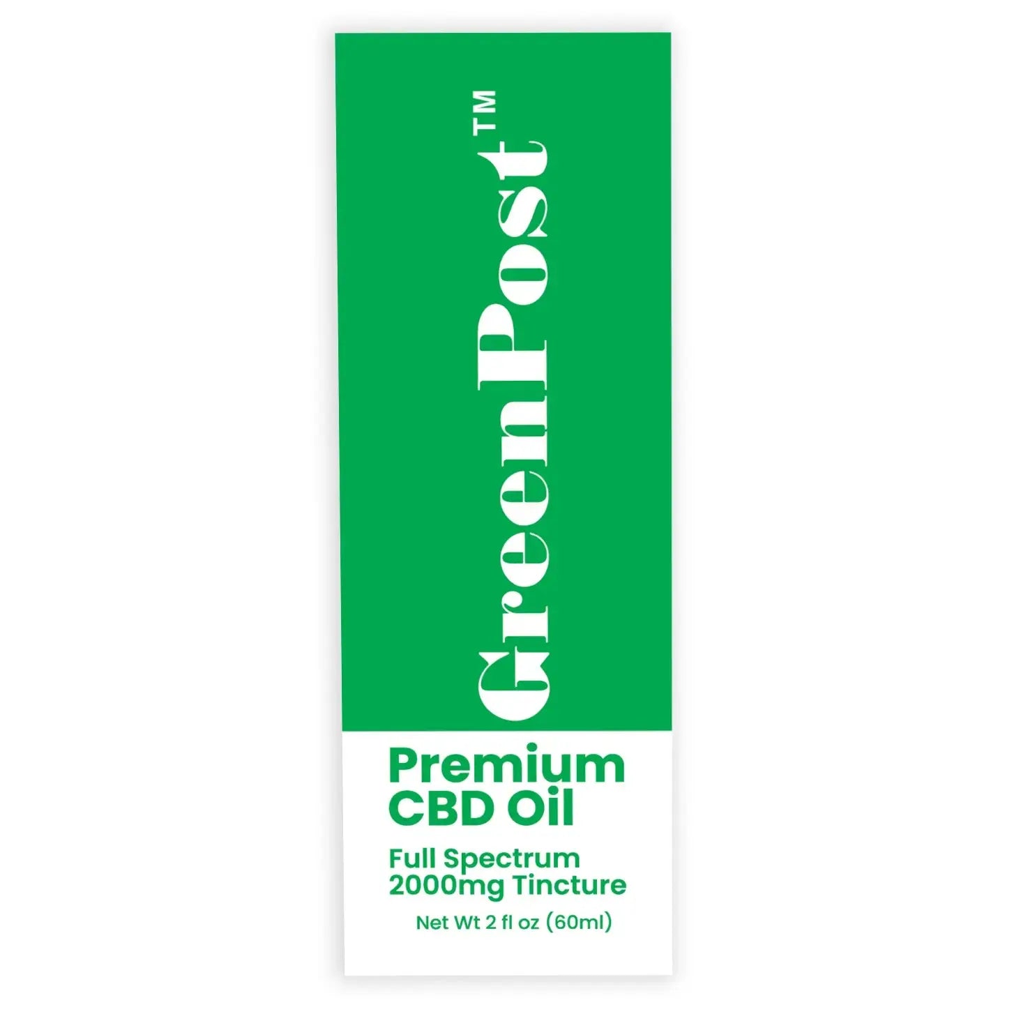 GreenPost Premium Full Spectrum CBD Oil 2000mg tincture front packaging design featuring mint flavored hemp extract oil supplement, 2 fl oz 60ml bottle formula, green minimalist branding and premium cannabidiol wellness tincture product packaging.