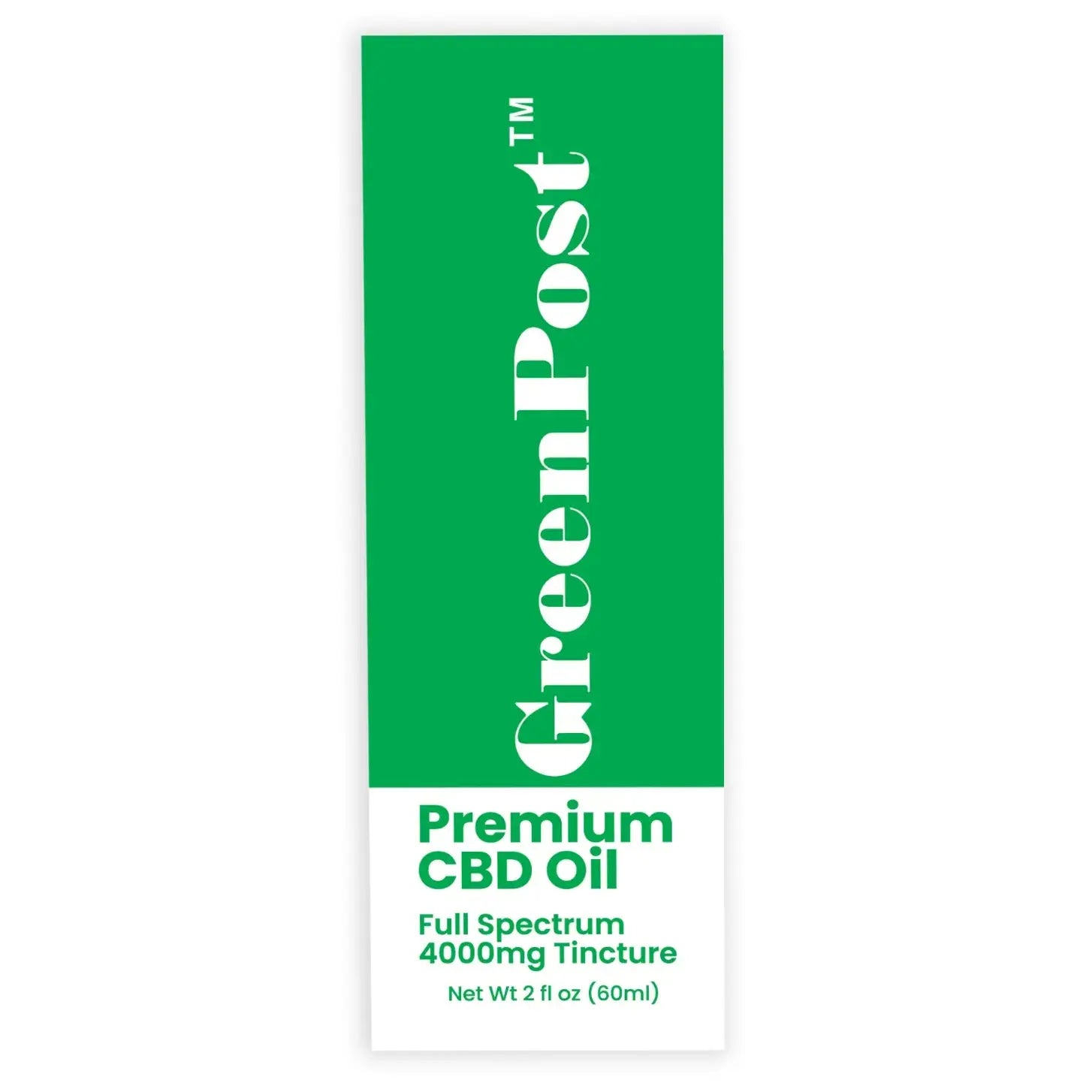 GreenPost Premium Full Spectrum CBD Oil 4000mg tincture front packaging design featuring mint flavored hemp extract oil supplement, 2 fl oz 60ml bottle formula, green minimalist branding and premium cannabidiol wellness tincture product packaging.