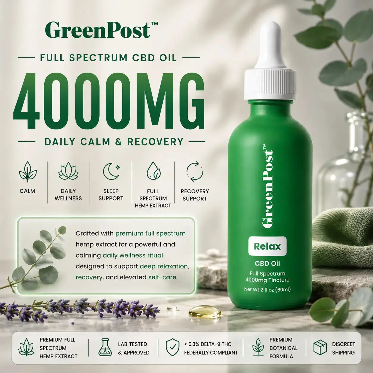 GreenPost Premium Full Spectrum CBD Oil 4000mg tincture product packaging design featuring mint flavored hemp extract wellness formula, premium green glass dropper bottle, daily calm and recovery support graphics, minimalist botanical branding and full spectrum cannabidiol oil supplement.
