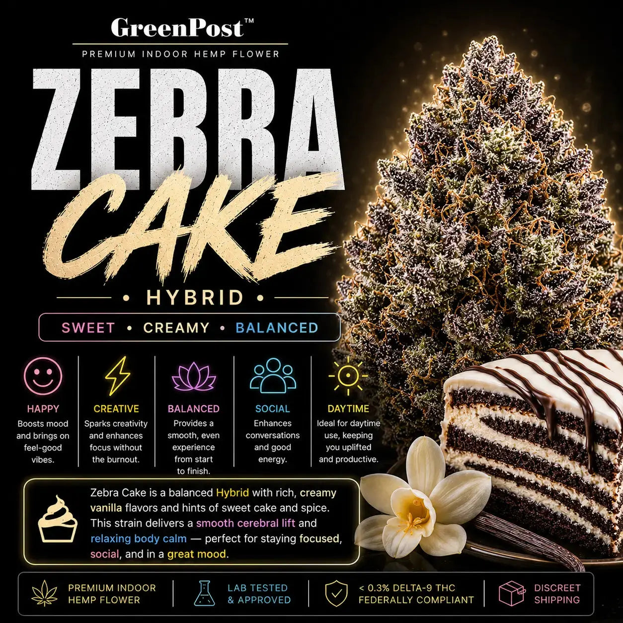 GreenPost Zebra Cake THCA Flower Hybrid promotional product graphic featuring premium indoor hemp flower buds with sweet creamy vanilla cake dessert artwork, balanced euphoric relaxing effects, rich frosty trichomes and federally compliant cannabis alternative hemp flower.