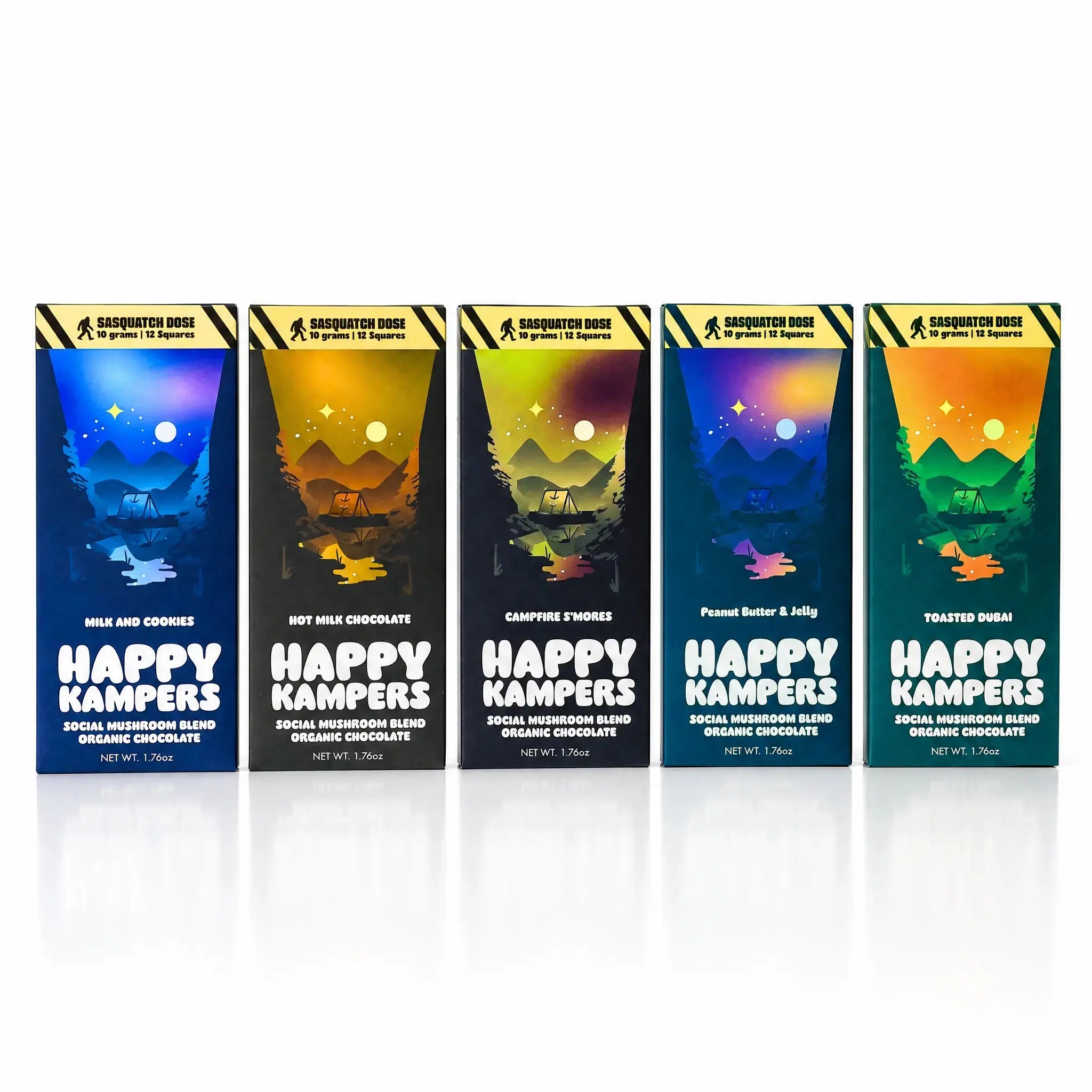 Happy Kampers functional mushroom chocolate bar lineup featuring Milk and Cookies, Hot Milk Chocolate, Campfire S’mores, Peanut Butter and Jelly, and Toasted Dubai flavors with colorful mountain inspired packaging on clean white studio background.