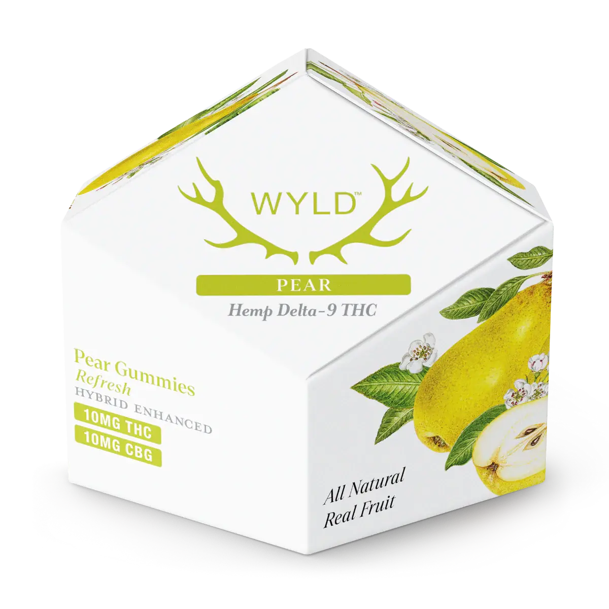 Wyld Pear hemp Delta 9 THC and CBG gummies box featuring real fruit pear flavor, hybrid enhanced formula, and premium botanical edible packaging design