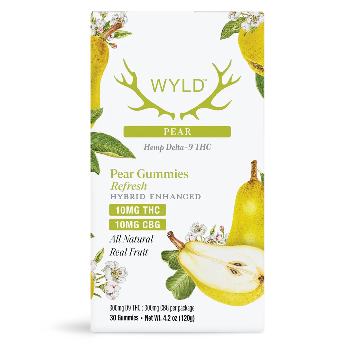 Wyld Pear hemp Delta 9 THC and CBG gummies pouch featuring real fruit pear flavor, hybrid enhanced refresh formula, and premium botanical edible packaging design