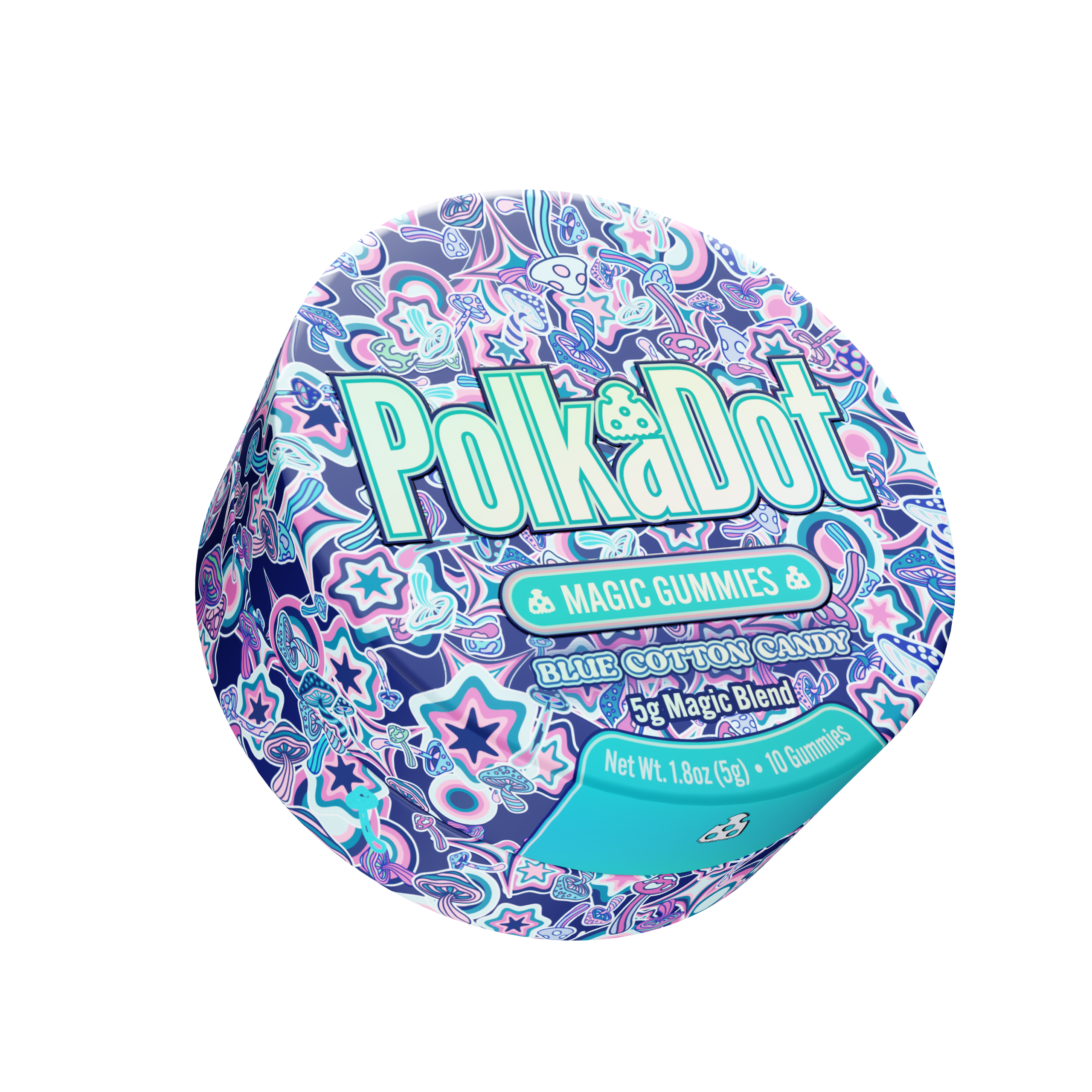 PolkaDot Magic Mushroom Gummies Blue Cotton Candy flavor package with psychedelic inspired candy artwork, 5g magic blend gummies, and premium cotton candy flavored mushroom edible packaging on white background