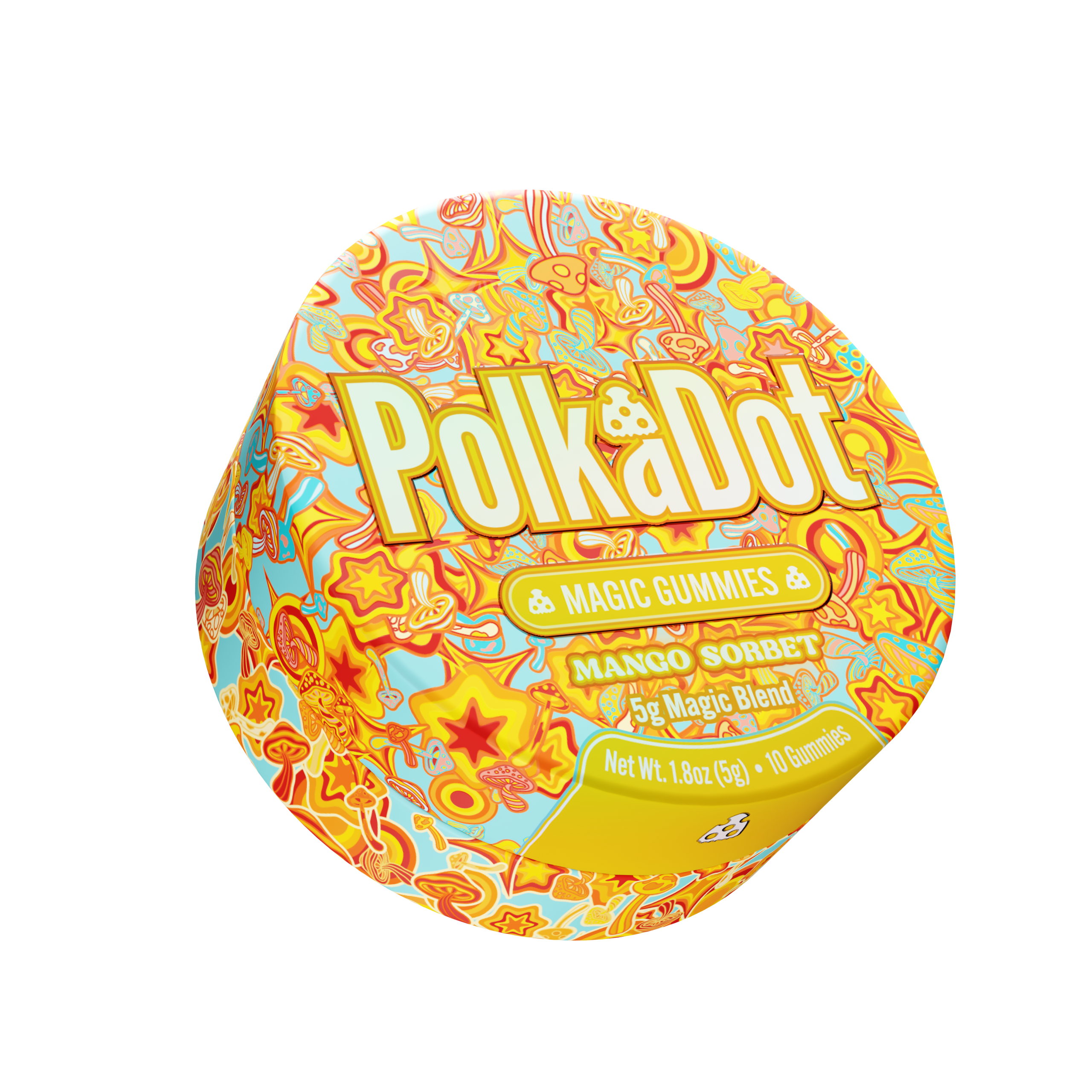 PolkaDot Magic Mushroom Gummies Mango Sorbet flavor package with psychedelic inspired candy artwork, 5g magic blend gummies, and premium tropical fruit flavored mushroom edible packaging on white background