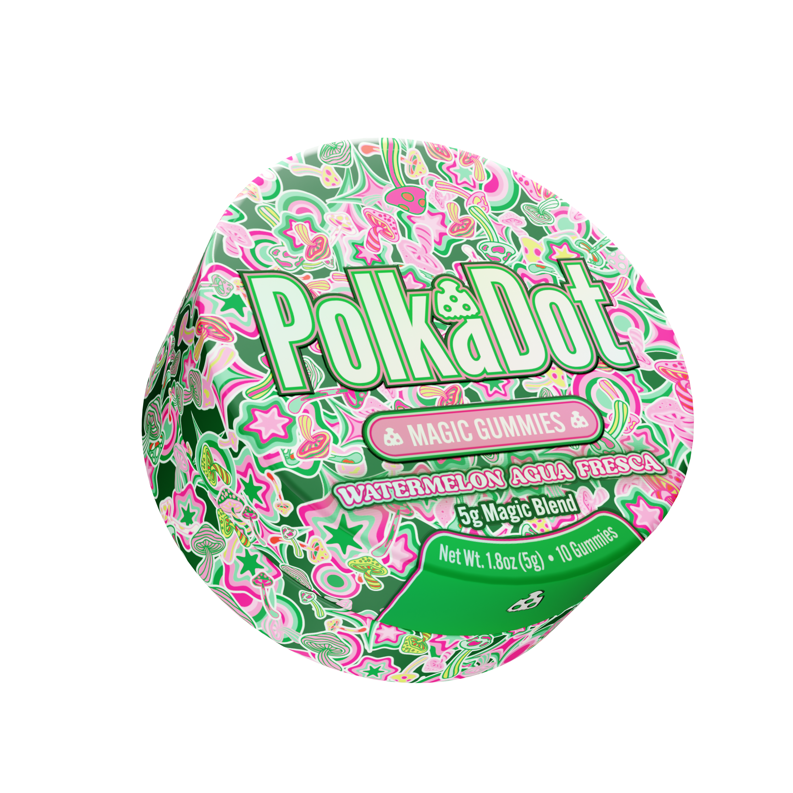 PolkaDot Magic Mushroom Gummies Watermelon Agua Fresca flavor package with psychedelic inspired candy artwork, 5g magic blend gummies, and premium fruit flavored mushroom edible packaging on white background
