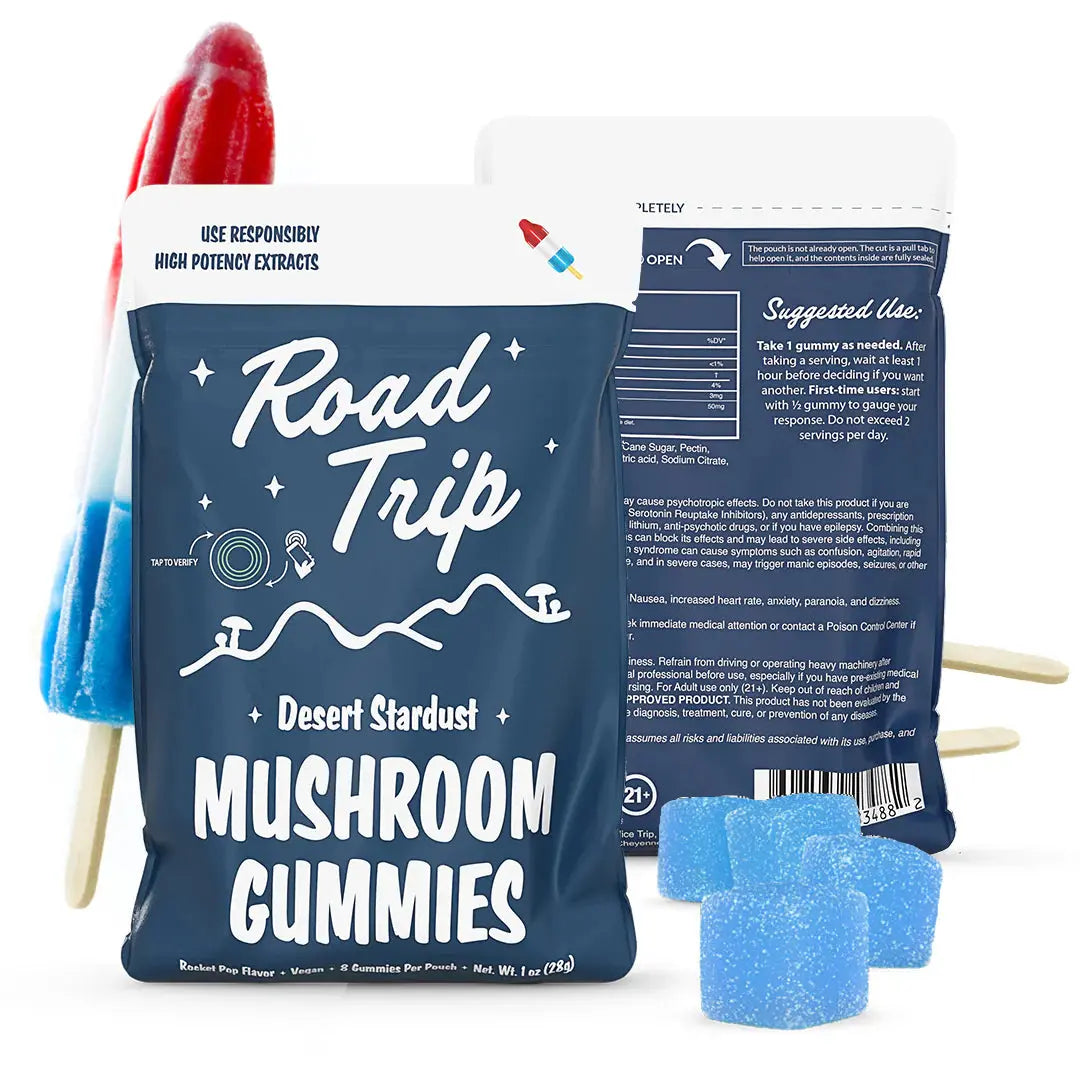 Road Trip Desert Stardust mushroom gummies Rocket Pop flavor pouch with red white and blue gummy candies, psychedelic inspired mushroom edible packaging, and premium fruit flavored gummy display