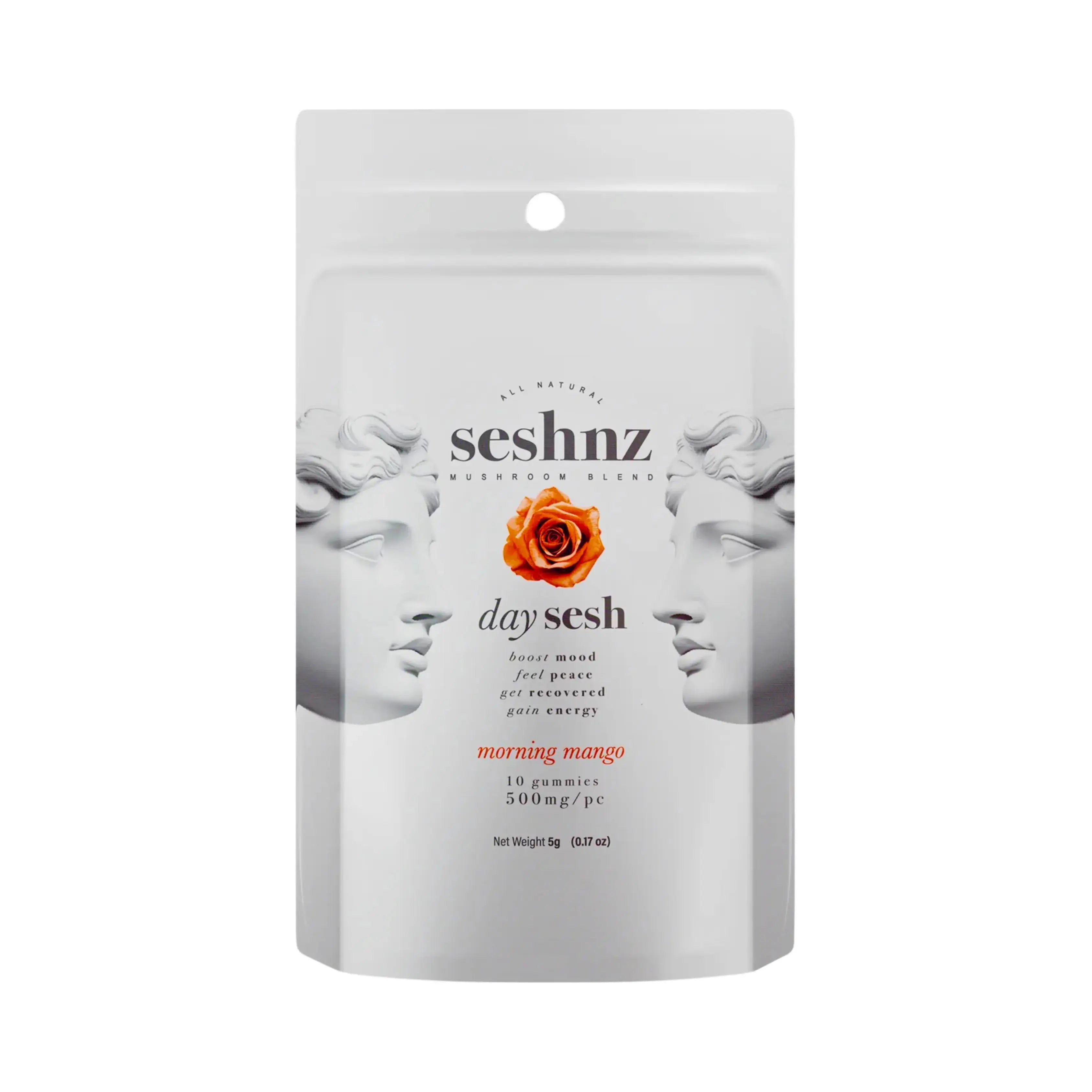 Seshnz Mushroom Gummies Morning Mango pouch with mango flavor, premium mushroom blend gummies, uplifting daytime edible packaging, and luxury white pouch design on white background