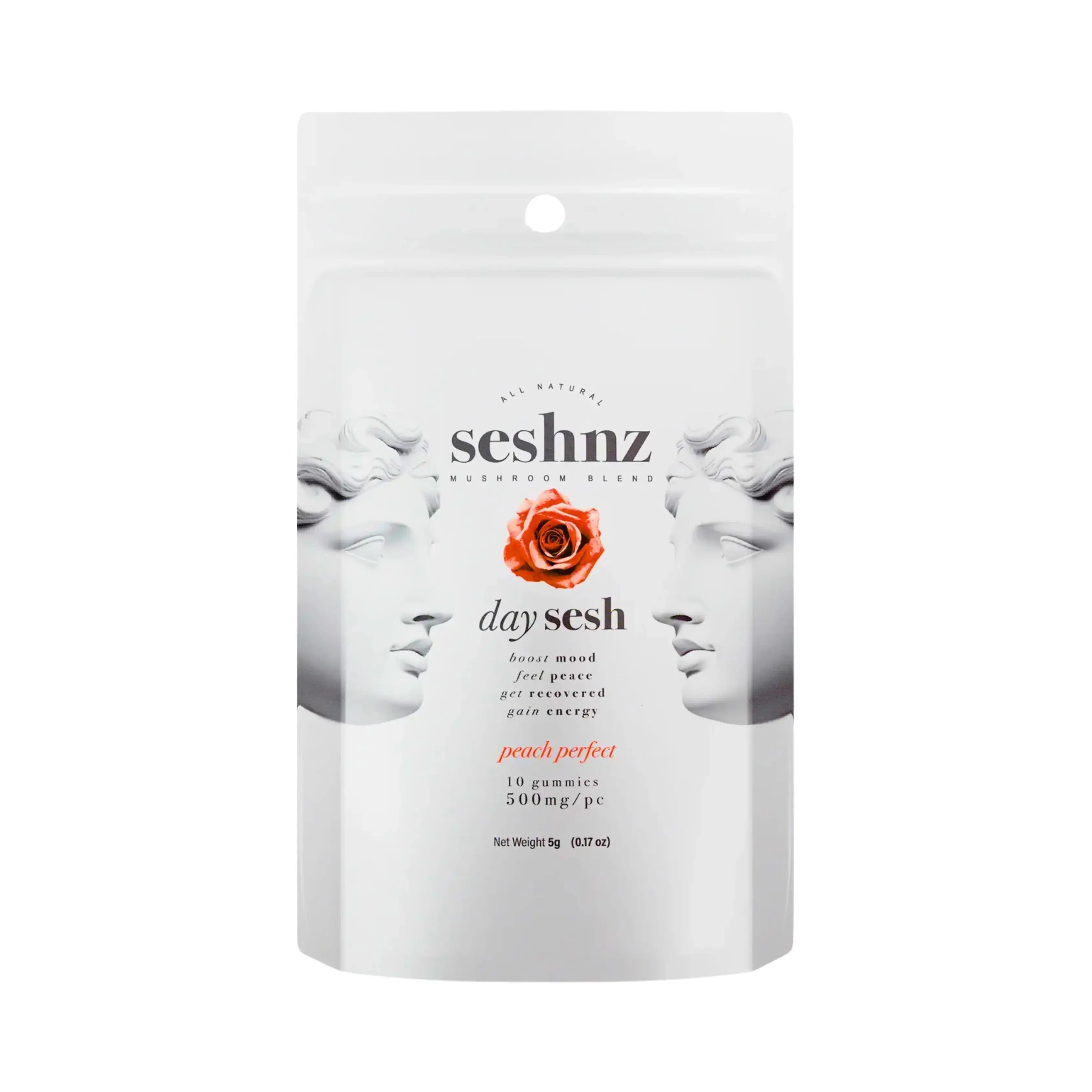 Seshnz Mushroom Gummies Peach Perfect pouch with peach flavor, premium mushroom blend gummies, uplifting daytime edible packaging, and luxury white pouch design on white background