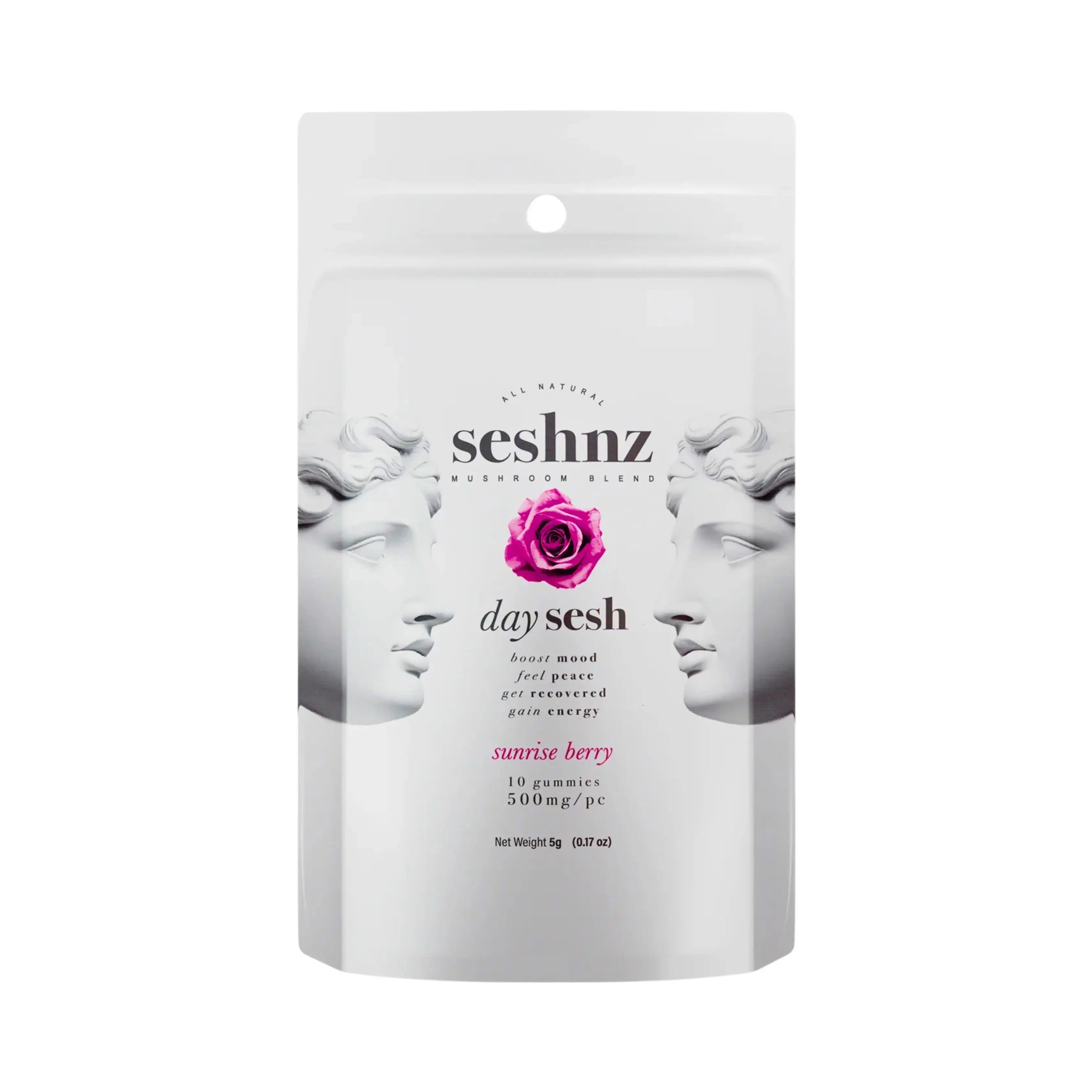 Seshnz Mushroom Gummies Sunrise Berry pouch with mixed berry flavor, premium mushroom blend gummies, uplifting daytime edible packaging, and luxury white pouch design on white background