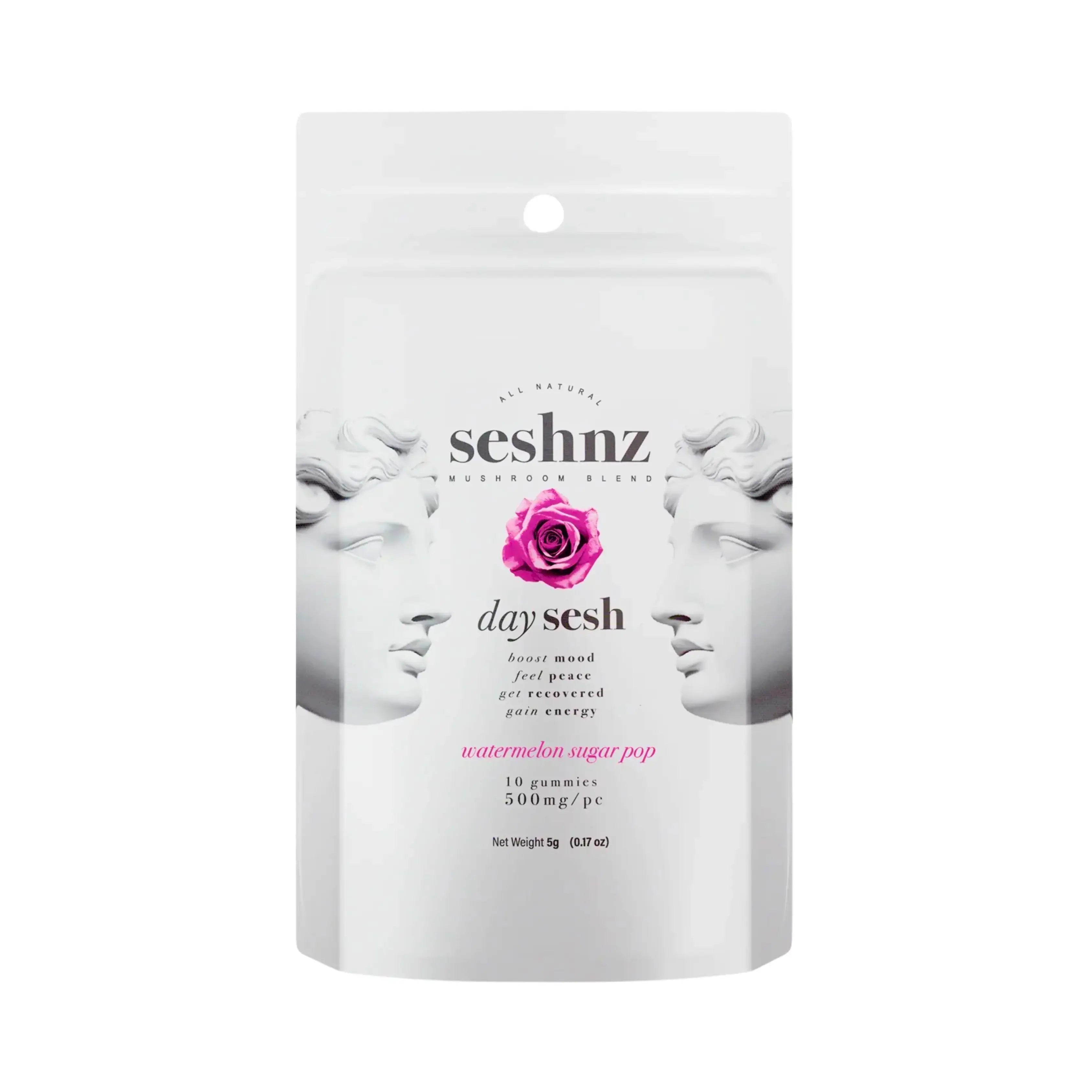 Seshnz Mushroom Gummies Watermelon Sugar Pop pouch with watermelon flavor, premium mushroom blend gummies, uplifting daytime edible packaging, and luxury white pouch design on white background