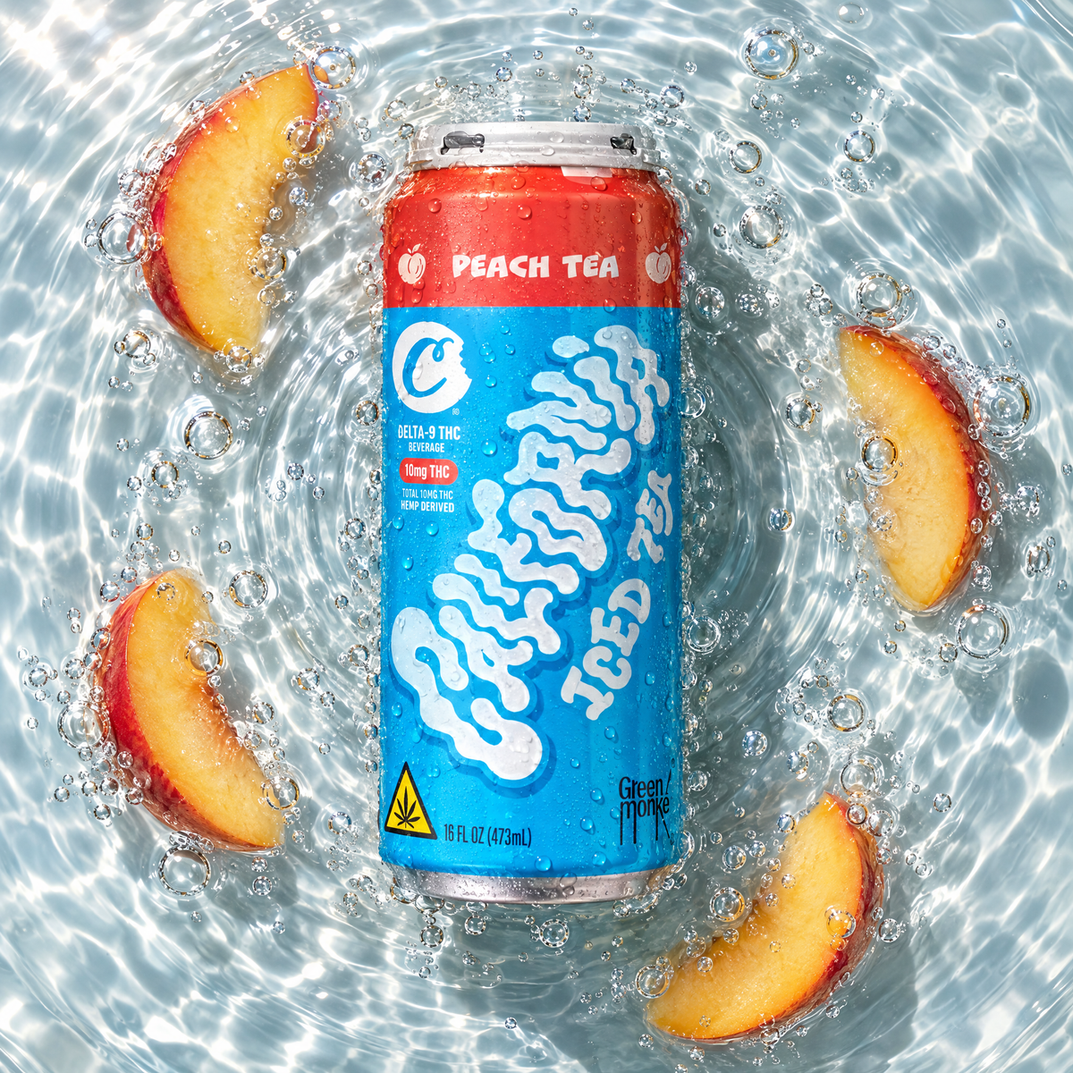 Cookies California Peach Iced Tea 10mg THC chilled can with peach slices for flavor context