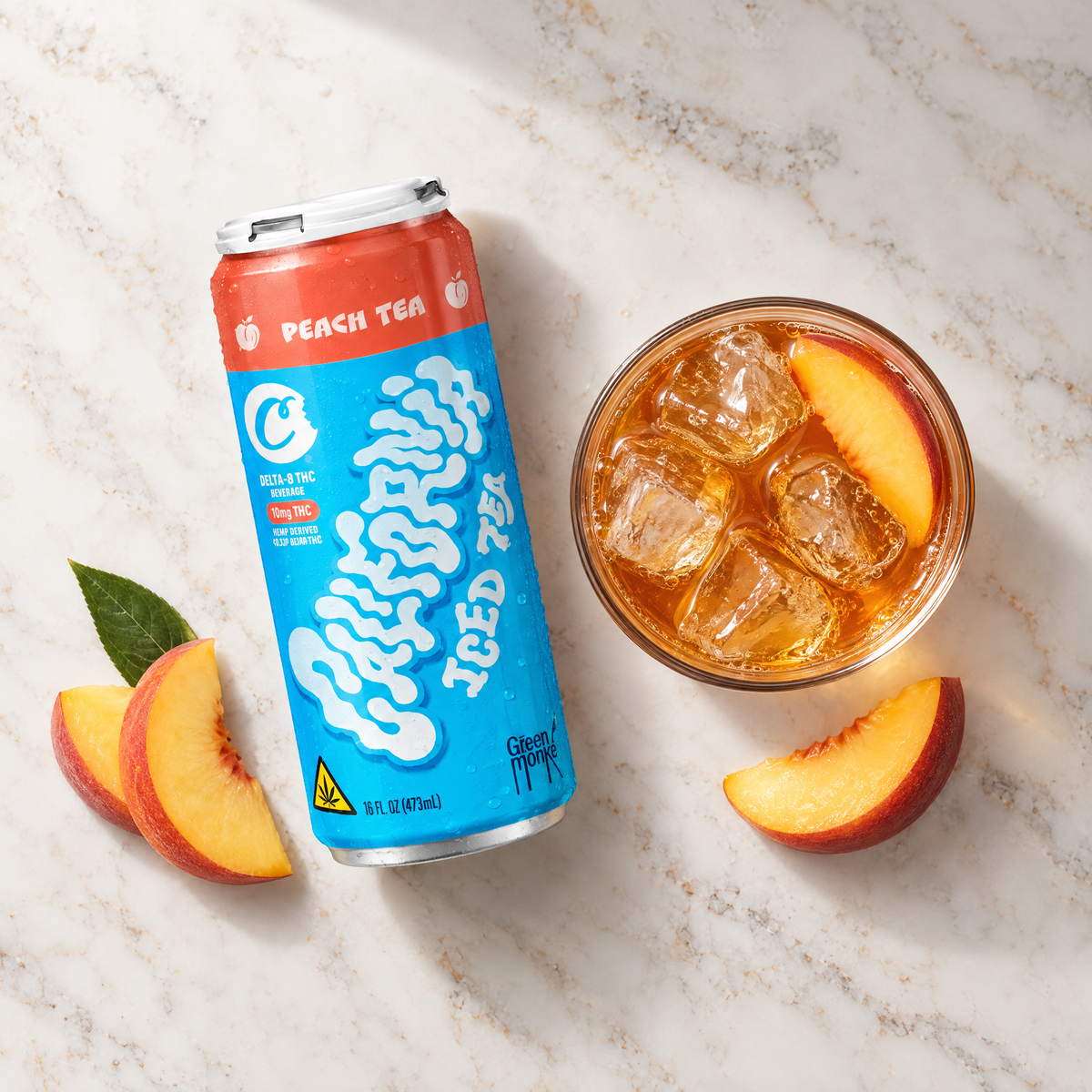 Cookies California Peach Iced Tea 10mg THC can beside a glass of peach iced tea with ice