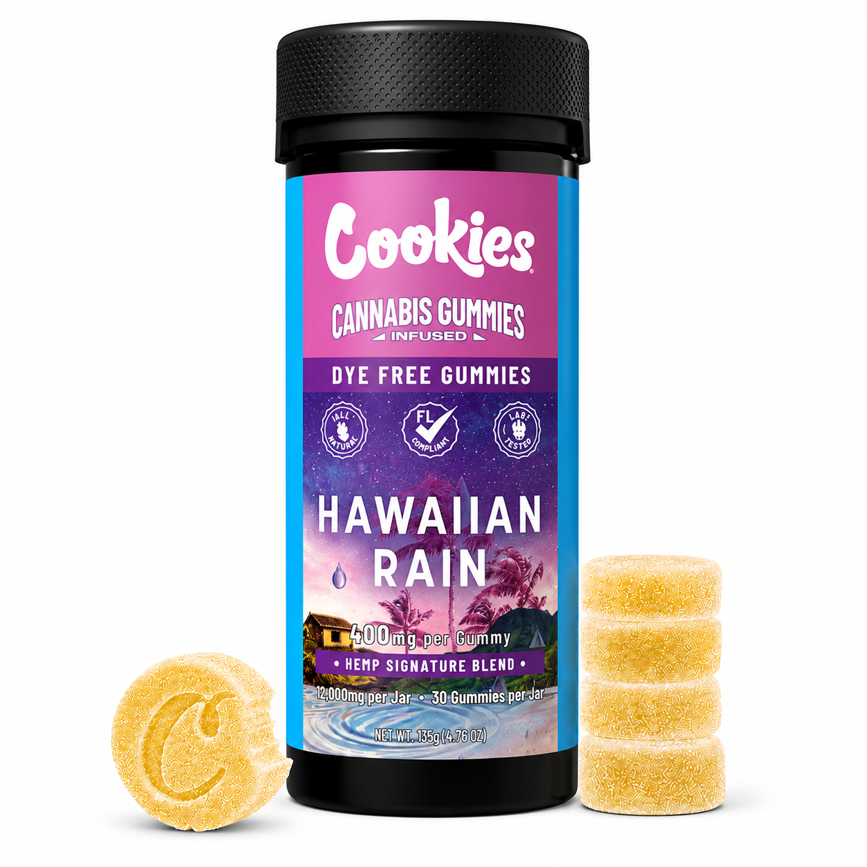 Cookies Hawaiian Rain Cannabis Gummies 30ct jar with yellow sugar-coated gummies on a white background