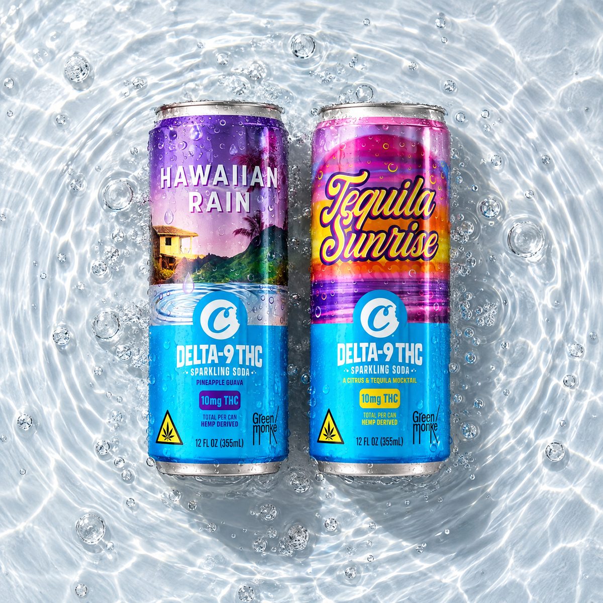 Cookies THC Seltzers Hawaiian Rain and Tequila Sunrise cans on a clean surface