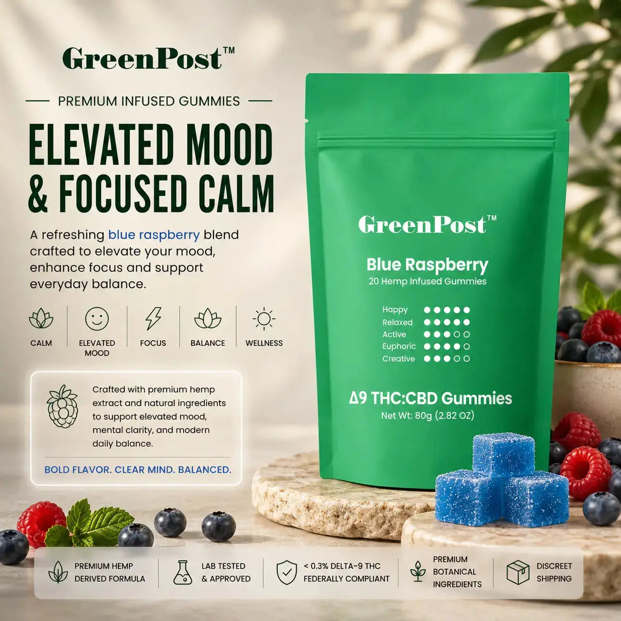 GreenPost Blue Raspberry Delta 9 THC CBD gummies pouch with blue raspberry flavored hemp infused gummies, fresh blueberries and raspberries, and premium botanical product display promoting focus, balance, and elevated mood