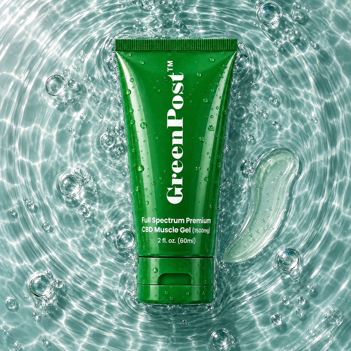 GreenPost CBD Muscle Gel 1500mg product with gel texture shown for context