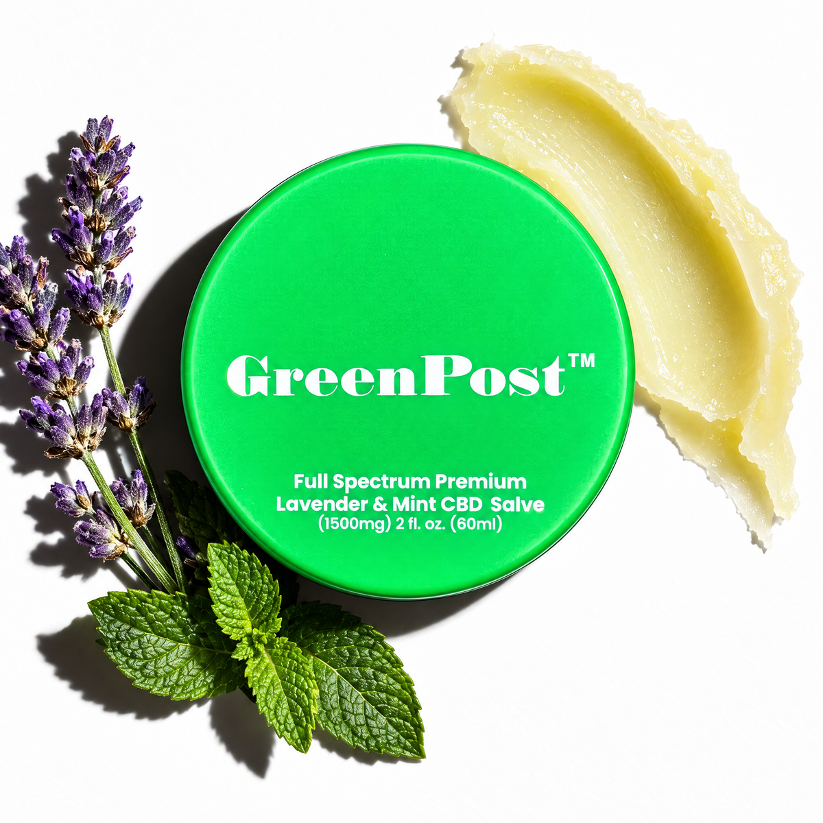 GreenPost CBD Salve 1500mg Lavender and Mint jar with balm texture shown beside the product
