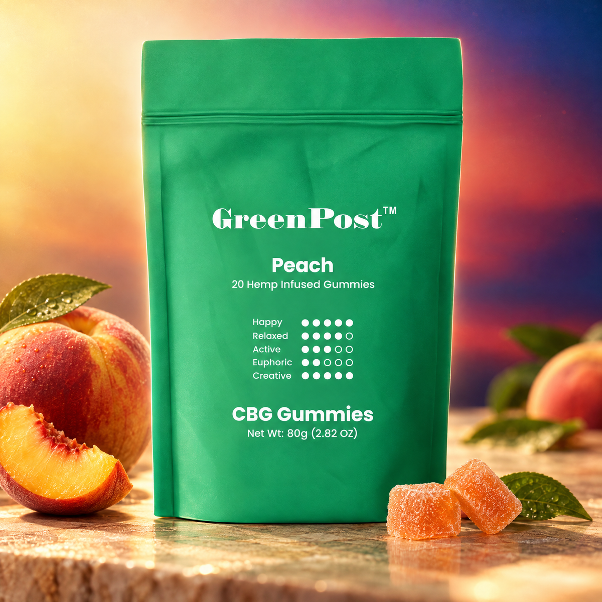 GreenPost CBG Gummies 500mg Peach 20ct pouch with gummies and peach flavor cues