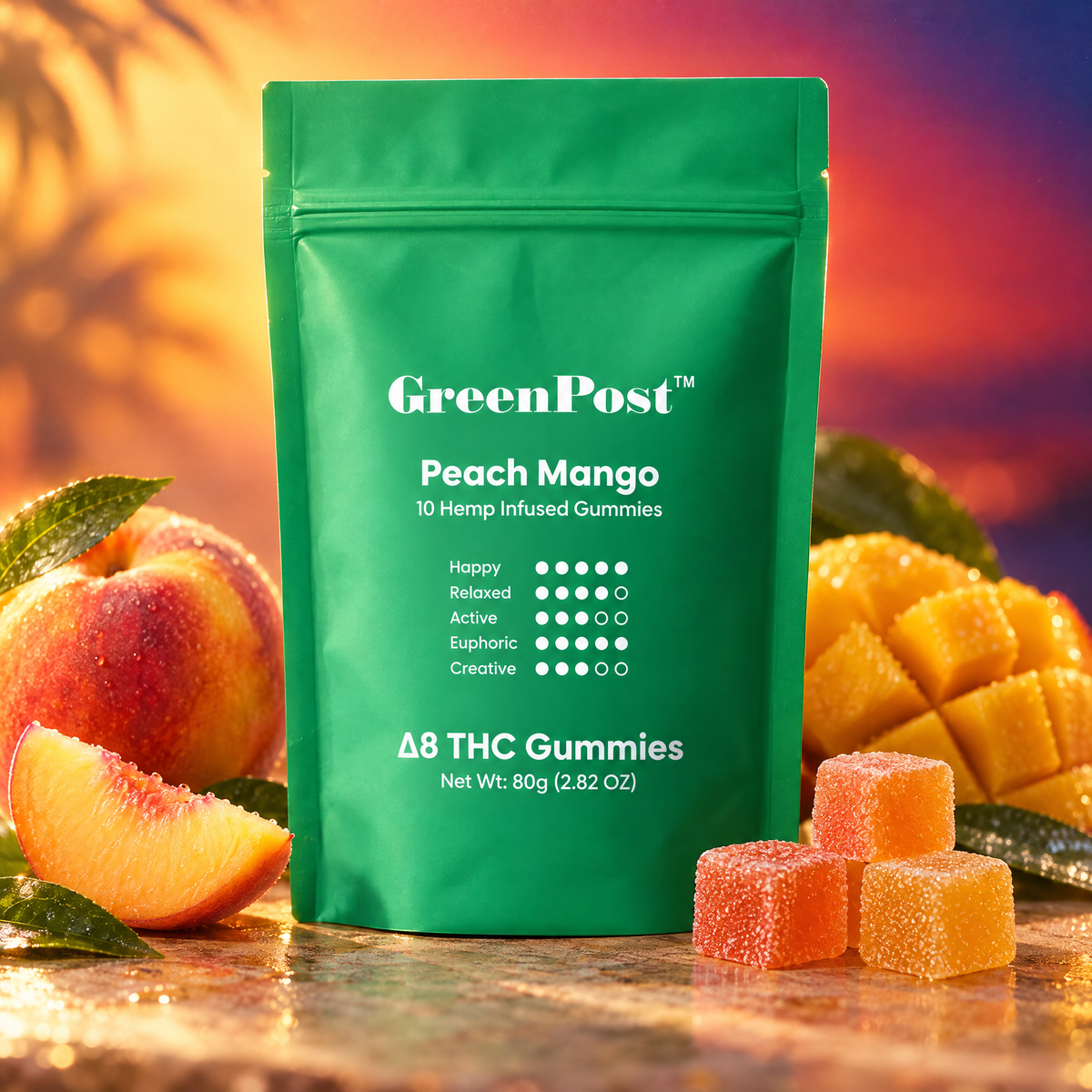 GreenPost Delta 8 THC Gummies 1000mg Peach Mango 10ct pouch with gummies and peach mango cues
